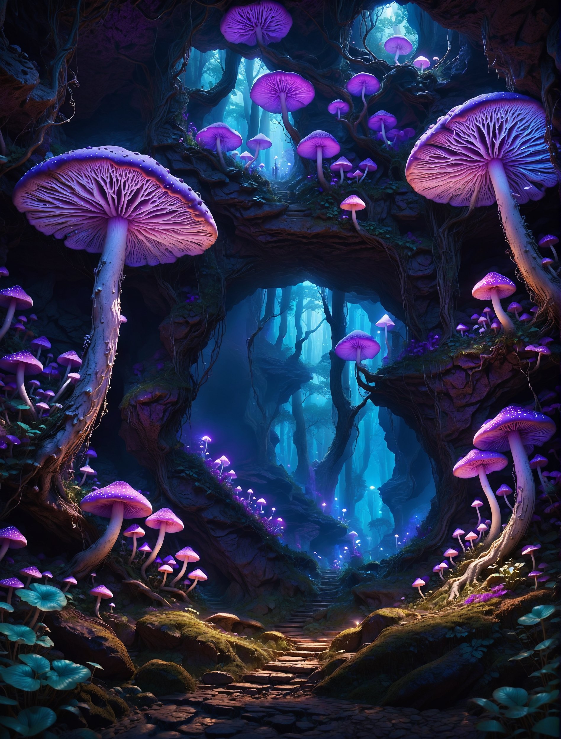 huge dark underground cave,  Various purple mushrooms,  a huge purple tree at the end of the cave by MadCat  on Tensor.Art