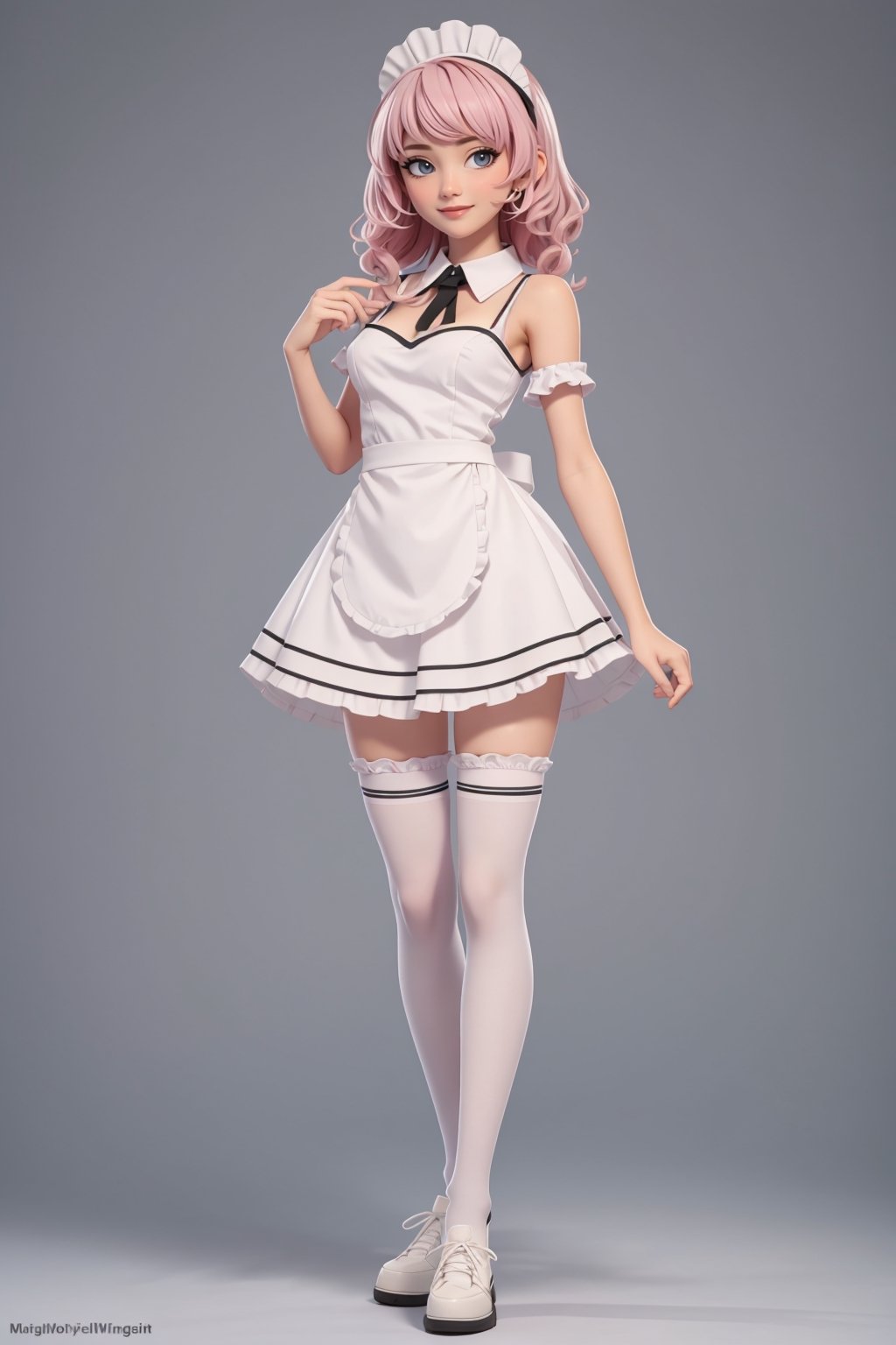 character sheet, student clothes, looking to the camera,beautiful, good hands, full body, good body, 18 year old girl body,sexy pose, full_body,character_sheet, shoulder length fluffy semi wavy hair, pink hair,maid clothes, white stockings