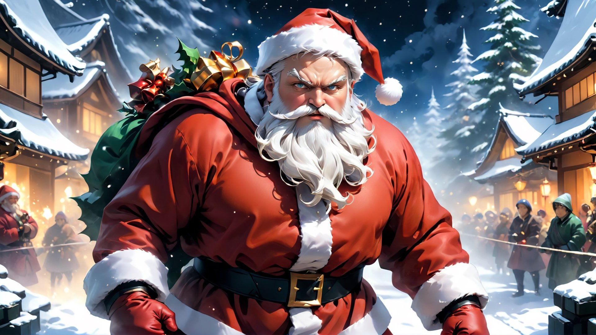 ((Anime style santa theme:1.3),(anime illustration:1.3), (Japanese anime style), (Santa:1.5, solo),
(Great musclar santa:1.3),(inspiration from roboko:1.3), (fantasy:1.5), (amazing:1.5 ), (fantastic:1.5), (insanely beautiful scenic:1.5), (stylish oil painting and digital paiting: 1.5 ), (digital anime illustration :1.5), (ultradetailed:1.5),(hyper sharp:1.3),(best quality:1.3),(masterpiece:1.3),   