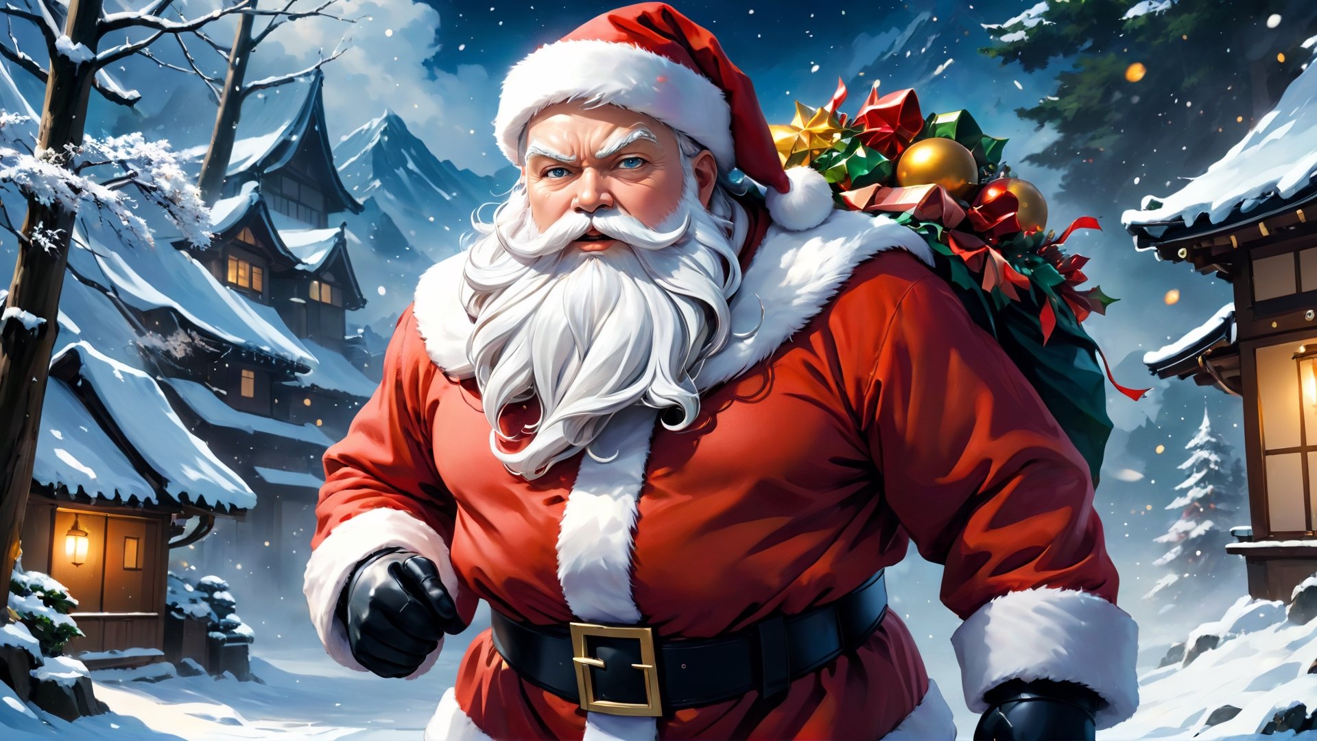 ((Anime style santa theme:1.3),(anime illustration:1.3), (Japanese anime style), (Santa:1.5, solo),
(Great musclar santa:1.3),(inspiration from roboko:1.3), (fantasy:1.5), (amazing:1.5 ), (fantastic:1.5), (insanely beautiful scenic:1.5), (stylish oil painting and digital paiting: 1.5 ), (digital anime illustration :1.5), (ultradetailed:1.5),(hyper sharp:1.3),(best quality:1.3),(masterpiece:1.3),   