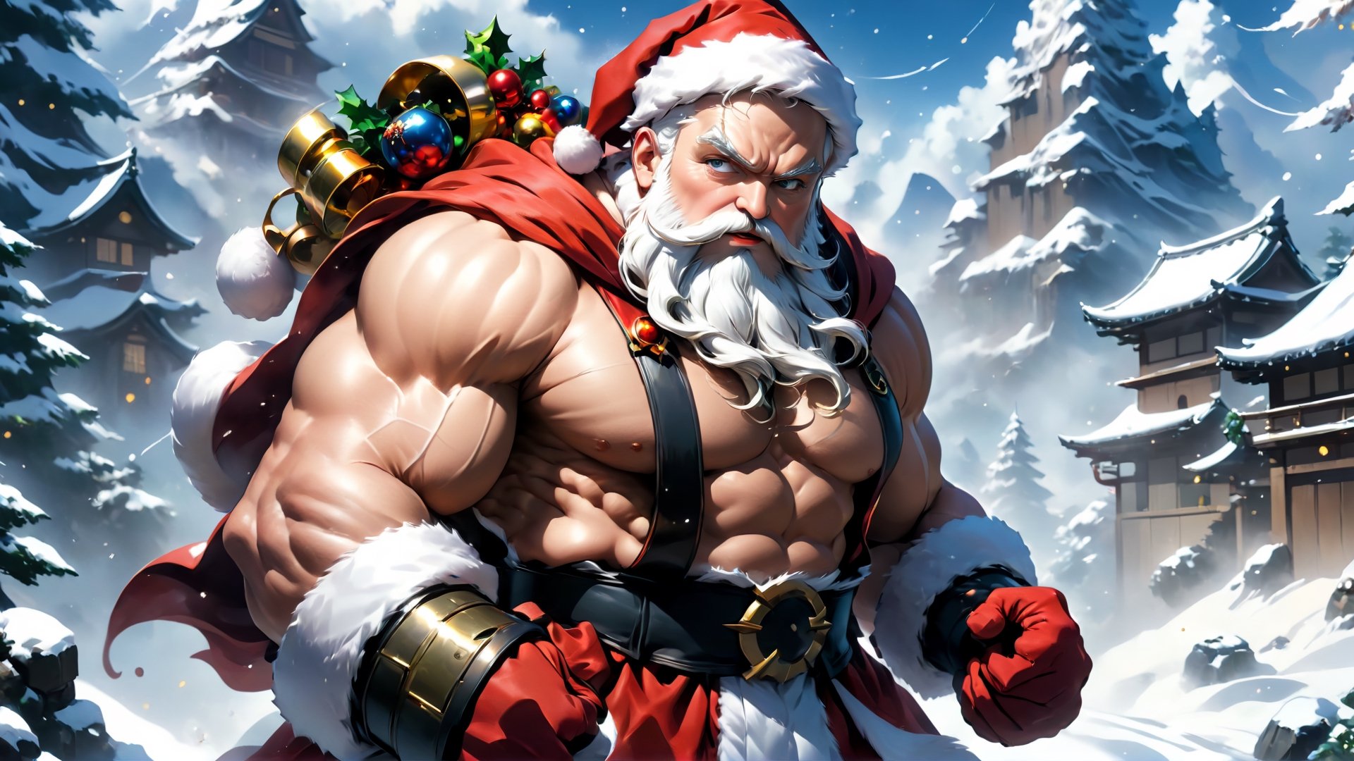 ((Anime style santa theme:1.3),(anime illustration:1.3), (Japanese anime style), (Santa:1.5, solo),
(Great musclar santa:1.3),(inspiration from roboko:1.3), (fantasy:1.5), (amazing:1.5 ), (fantastic:1.5), (insanely beautiful scenic:1.5), (stylish oil painting and digital paiting: 1.5 ), (digital anime illustration :1.5), (ultradetailed:1.5),(hyper sharp:1.3),(best quality:1.3),(masterpiece:1.3),   