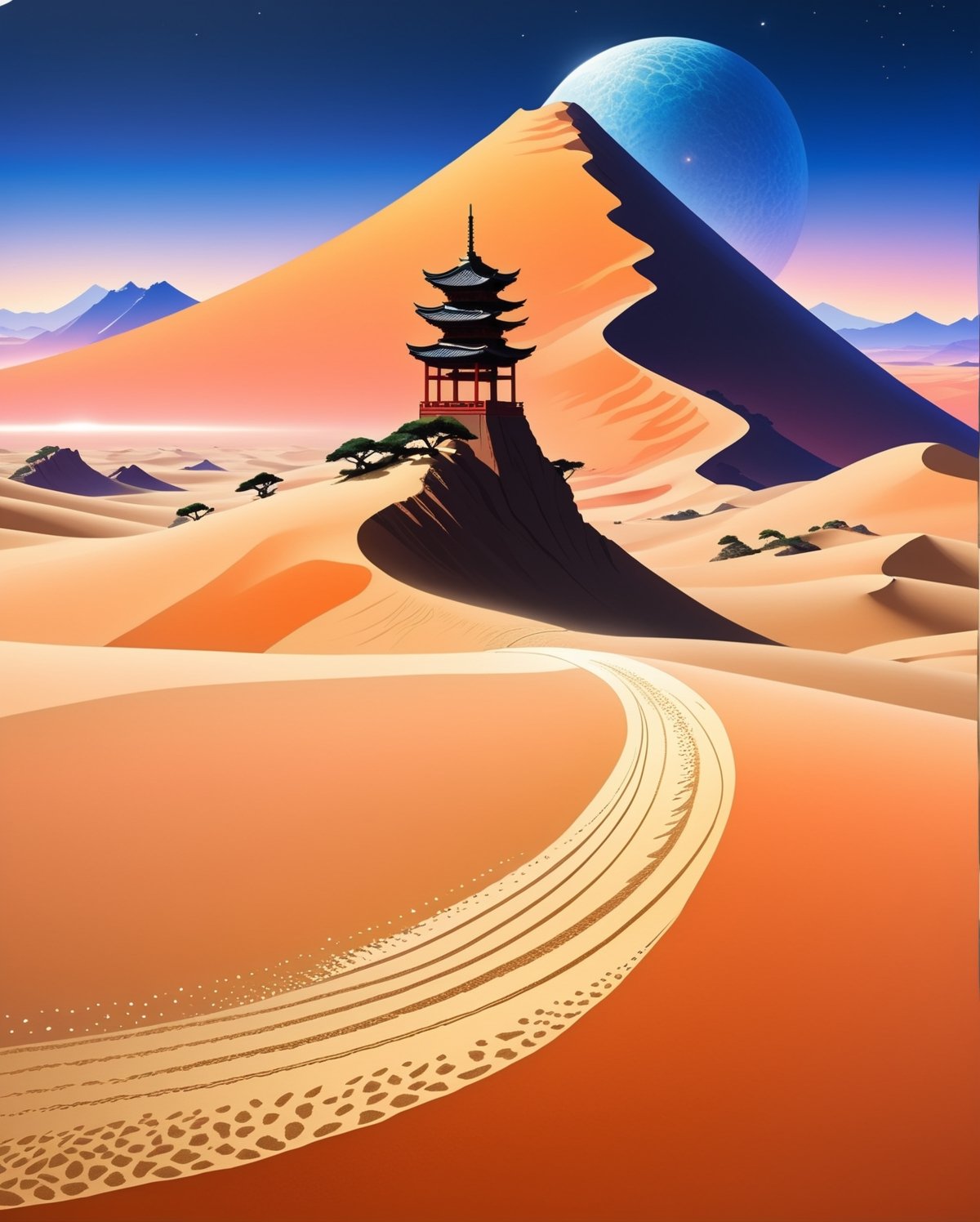 Imagine a spellbinding and hyper-realistic illustration that harmoniously merges the sweeping, desert landscapes of the world of Dune with the mythical creatures of ancient Japan. Picture a vast, sandy expanse reminiscent of the iconic planet, dotted with colossal sand dunes and craggy rock formations. Rising majestically from the arid terrain are ethereal and ancient Japanese mythological creatures—perhaps a Kirin or a Tengu—endowed with intricate details that seamlessly integrate with the harsh beauty of the desert environment. The soft hues of the sunset casting long shadows on the mythical beings create a mesmerizing interplay of light and shadow. This illustration, blending the futuristic allure of Dune with the mystical charm of ancient Japanese folklore, promises to transport viewers to a realm where science fiction and ancient myth converge in an awe-inspiring visual symphony.