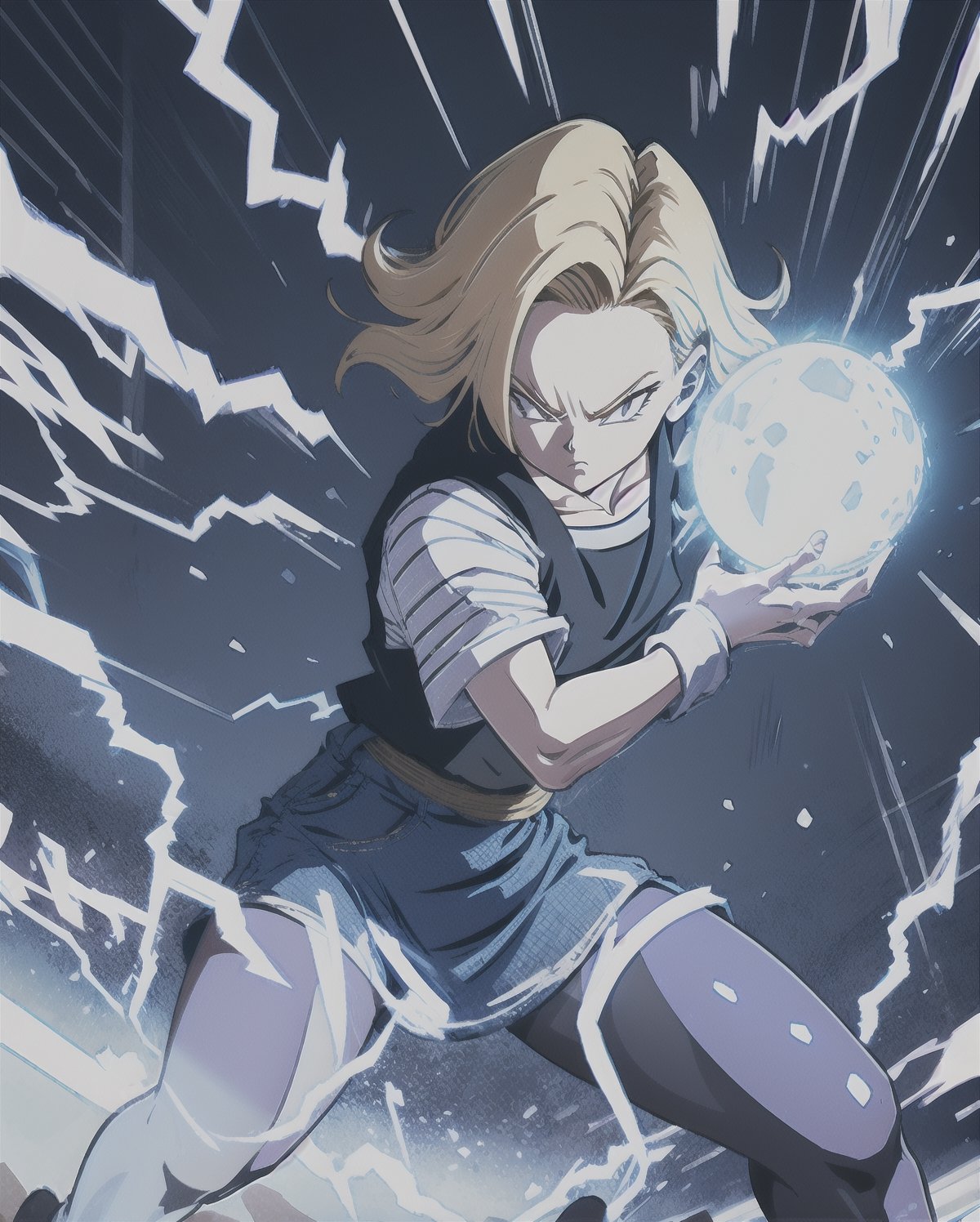 (best quality), (masterpiece),ultra-detailed,
1girl solo, andoroid 18, denim skirt, pantyhose,
emphasis lines,motion lines,(swirling:1.2) ,
 kamehameha, charging,energy ball, electricity, aura, dynbamic, kamehameha, Android_18_DB, casual wear, charging, casual wear,  look at viewer,  energy ball, ,LINEART,and18