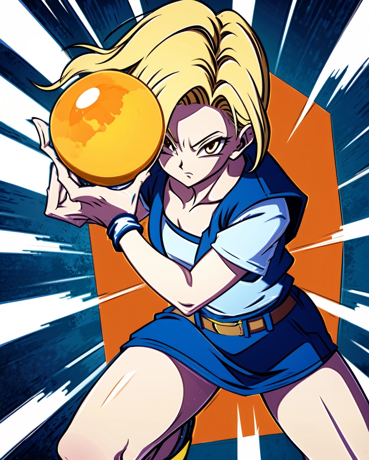 (best quality), (masterpiece),ultra-detailed,
1girl solo, andoroid 18, denim skirt, pantyhose,
emphasis lines,motion lines,(swirling:1.2) ,
 kamehameha, charging,energy ball, electricity, aura, dynbamic, kamehameha, Android_18_DB, casual wear, charging, casual wear,  look at viewer,  energy ball, ,LINEART,and18