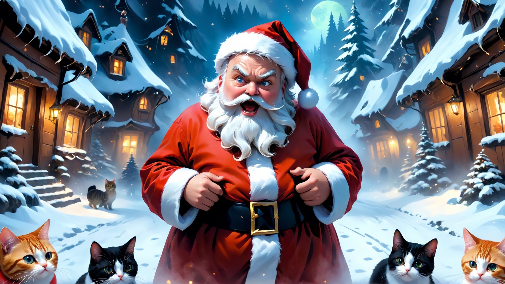 (Scared Santa theme:1.3),(Santa:1.5, solo),
(scaring santa:1.3),(cute cats gorup:1.3), (fantasy:1.5), (amazing:1.5 ), (fantastic:1.5), (insanely beautiful scenic:1.5), (stylish oil painting and digital paiting: 1.5 ), (digital anime illustration :1.5), (ultradetailed:1.5),(hyper sharp:1.3),(best quality:1.3),(masterpiece:1.3),   