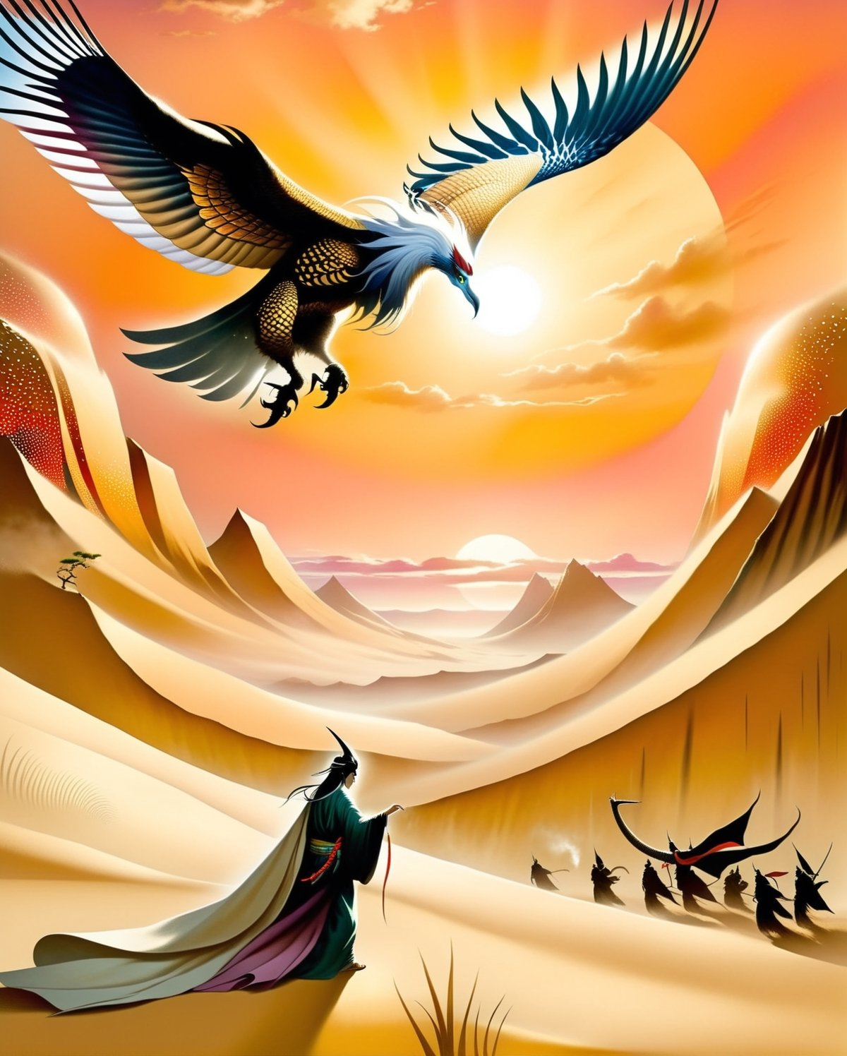 Imagine a spellbinding and hyper-realistic illustration that harmoniously merges the sweeping,  desert landscapes of the w...
