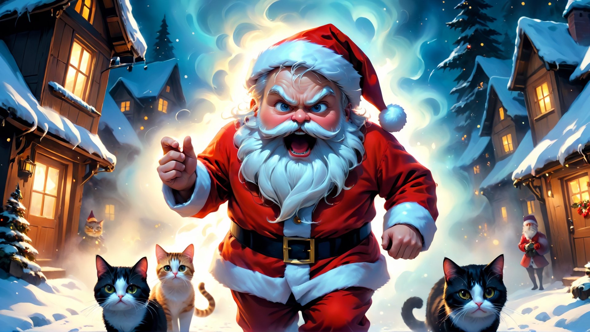 (Scared Santa theme:1.3),(Santa:1.5, solo),
(scaring santa:1.3),(cute cats gorup:1.3), (fantasy:1.5), (amazing:1.5 ), (fantastic:1.5), (insanely beautiful scenic:1.5), (stylish oil painting and digital paiting: 1.5 ), (digital anime illustration :1.5), (ultradetailed:1.5),(hyper sharp:1.3),(best quality:1.3),(masterpiece:1.3),   