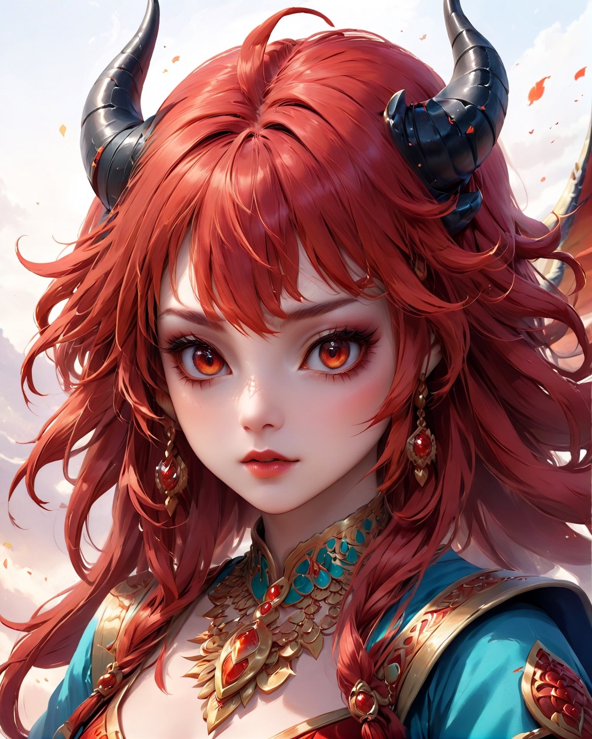 (dragon daughter theme1.4),(dragon horns:1.4), (best quality,8K,highres,masterpiece), ultra-detailed, (realistic portrait) of a girl, solo, showcasing long, blowing sheer red hair and captivating red eyes that hold the viewer's gaze. This portrait emphasizes her striking features enhanced by meticulous makeup, including vivid lipstick that accentuates her lips. She wears exquisite jewelry, a necklace that complements her attire, and is adorned with a unique headdress featuring dragon scales, adding a majestic and ethereal quality to her appearance. The inclusion of a mask and face paint draws inspiration from Ancient Macedonian traditions, enriching the portrait with cultural depth and significance. The overall composition is a celebration of beauty, tradition, and the artistry of makeup and adornment, rendered with lifelike precision and attention to detail.