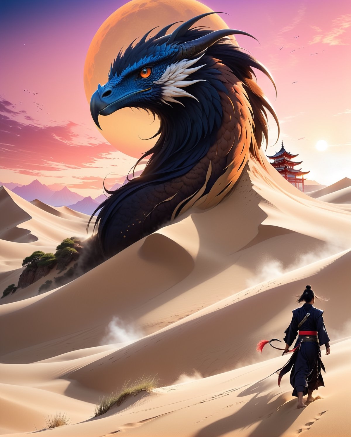 Imagine a spellbinding and hyper-realistic illustration that harmoniously merges the sweeping,  desert landscapes of the w...