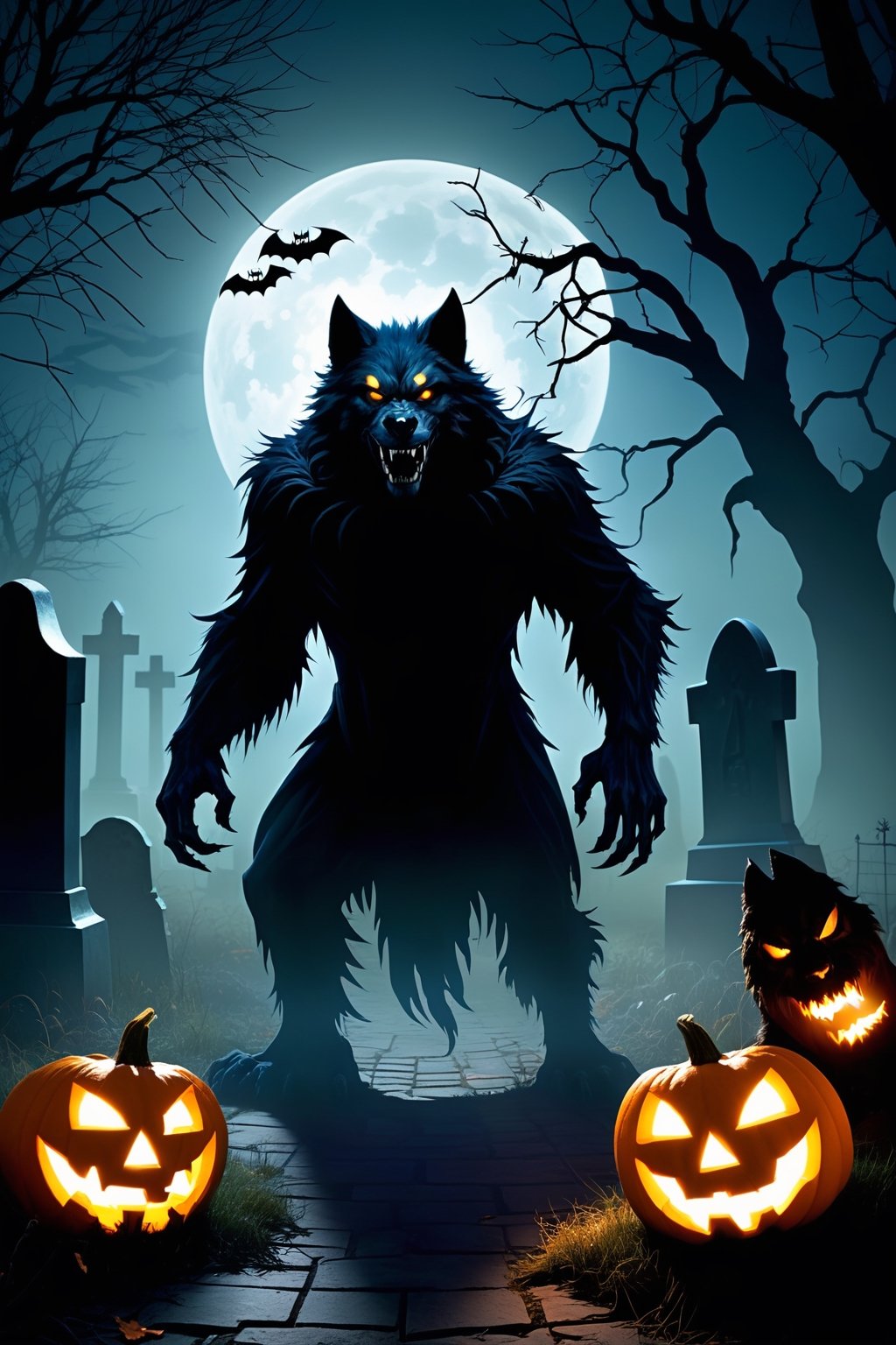 "Set the eerie scene in a Western cemetery, where the moonlight casts long shadows among Halloween decorations, and a mysterious 'Werewolf' emerges on this fateful Halloween night.

The composition should capture the heart of the scene as the Werewolf, a formidable creature, takes its first steps among the tombstones and eerie jack-o'-lanterns. The beast's fur, dark as midnight, bristles with the promise of the hunt. Its eyes, a fiery shade of amber, gleam with the primal instincts of the lycanthrope.

Position the Werewolf as the central figure in this composition, evoking a sense of foreboding and fascination. The intricate details of its feral features and the tattered remains of its human clothing should be rendered with exceptional clarity in a high-resolution image.

In the background, the Halloween-themed decorations should enhance the ambiance, with the flickering candlelight of pumpkins and the misty atmosphere, creating a haunting and chilling setting.,Monster