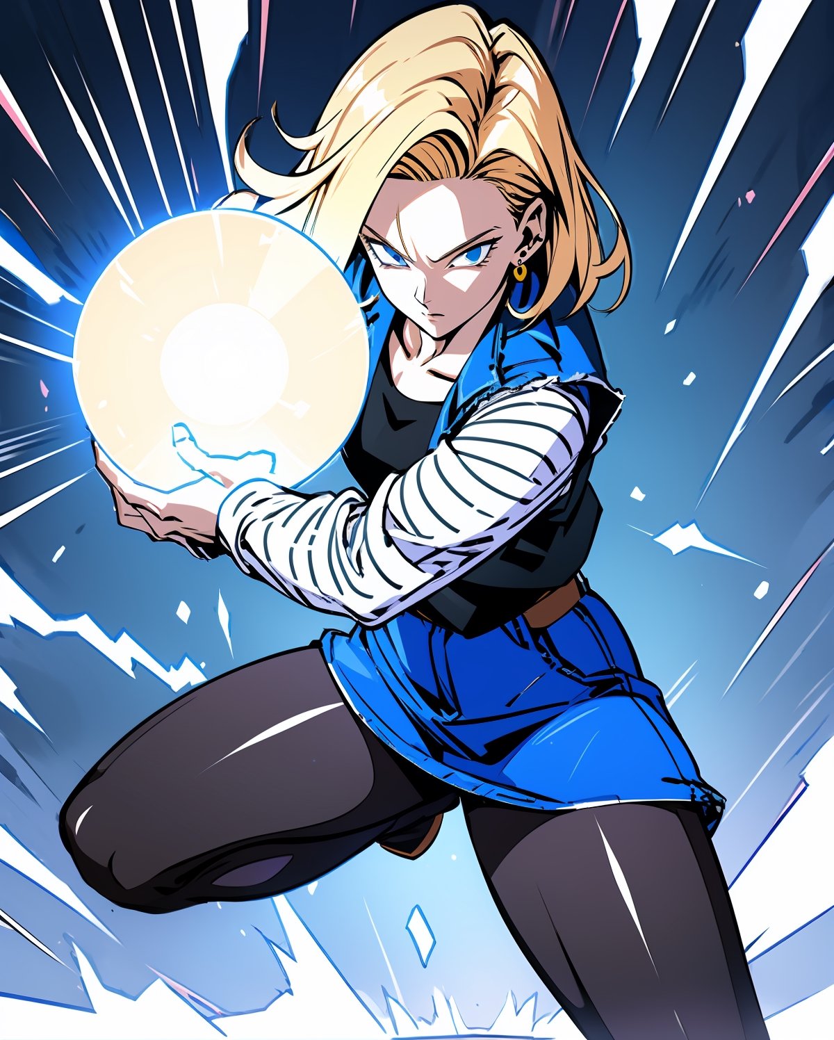 (best quality), (masterpiece),ultra-detailed,
1girl solo,and18, 1girl, android 18, solo, blonde hair, blue eyes, short hair, earrings, jewelry, denim vest, open vest, black pantyhose, black shirt, denim skirt, striped long sleeves, blue skirt, large breasts
emphasis lines,motion lines,(swirling:1.2) ,
 kamehameha, charging,energy ball, electricity, aura, dynbamic, kamehameha, Android_18_DB, casual wear, charging, casual wear,  look at viewer,  energy ball, ,LINEART,and18