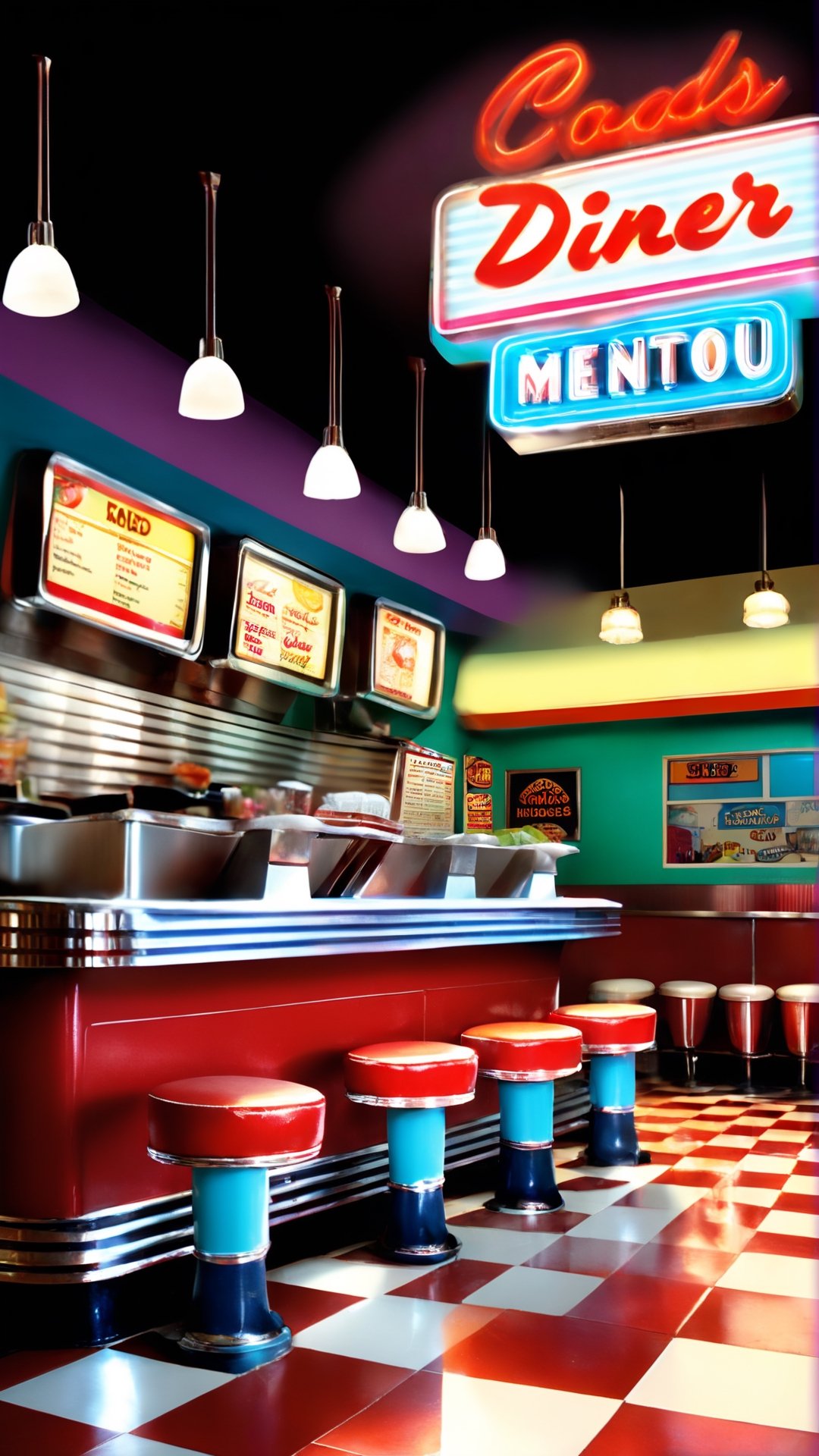 Create an illustration prompt for generating images of a 1980s American diner menu. Imagine a vibrant scene,  bustling wit...