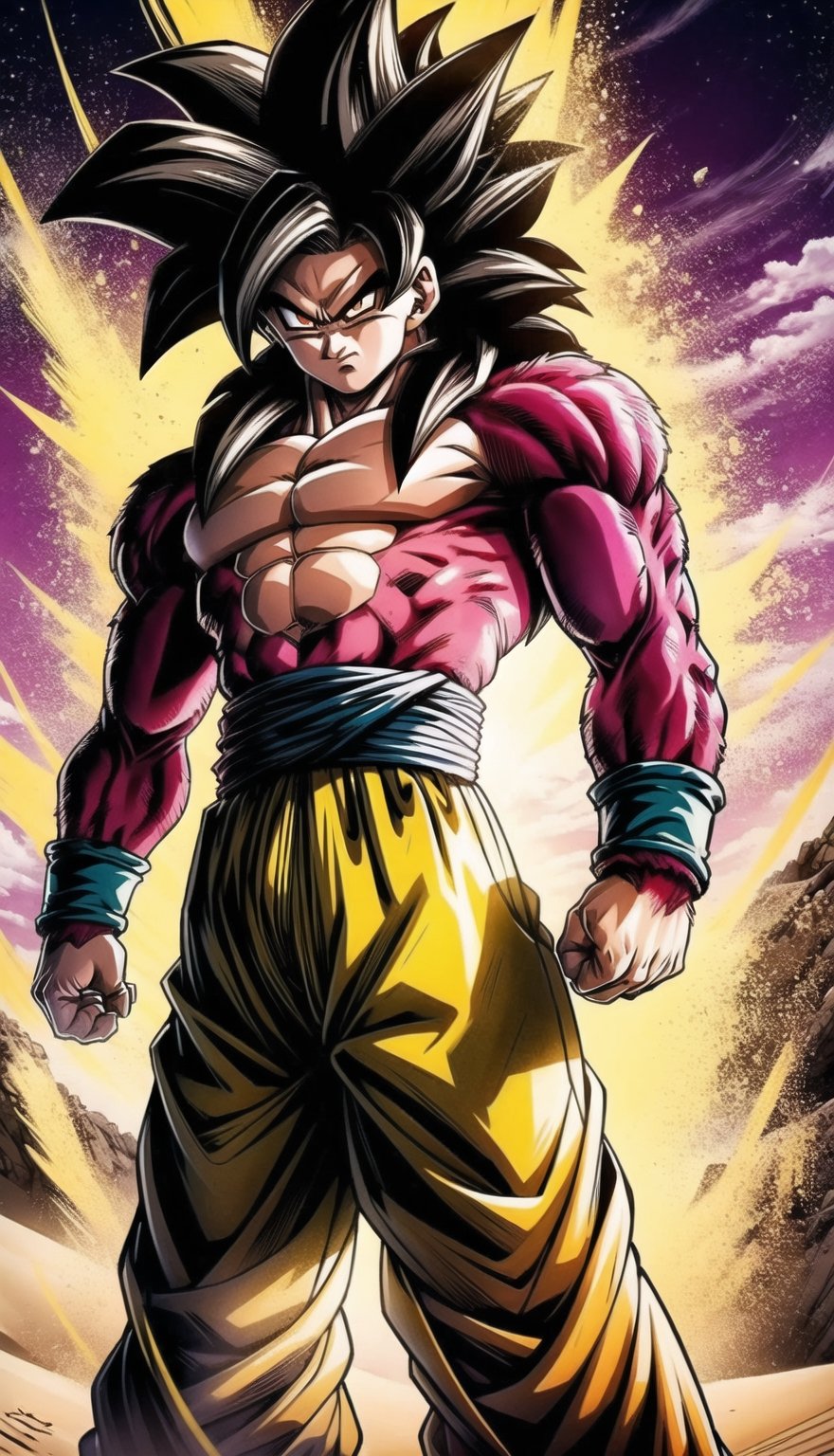 Imagine an anime illustration that seamlessly blends the iconic Super Saiyan Son Goku from Dragon Ball into the awe-inspiring world of Dune's desert planet. In this vibrant fusion, envision Goku standing amidst the vast, golden dunes, his fiery Super Saiyan aura contrasting with the arid landscape. The winds whip up the sand around him, creating a dynamic scene of power and movement. The familiar Dragon Ball energy beams intertwine with the mystical allure of the desert, as Goku's determined gaze reflects both Saiyan strength and the mysterious essence of the Dune planet. This crossover illustration captures the essence of two beloved worlds colliding in an epic visual narrative., Super_Saiyan_4_Goku