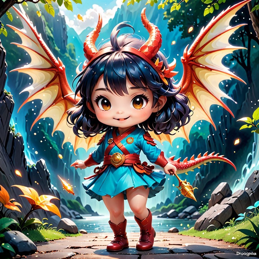 Generate a charming anime illustration of Dragonute's adorable chibi character in a whimsical setting. Capture the character's endearing essence with vibrant colors and lively expressions. Place them in a fantastical world filled with magical creatures, showcasing their playful personality. Highlight Dragonute's unique features, like distinctive scales or wings, and ensure the composition radiates joy. The scene could include elements like fluffy clouds, sparkling stars, or a colorful landscape. Infuse the image with a sense of wonder and innocence, creating an enchanting visual narrative that fans of all ages will find captivating.