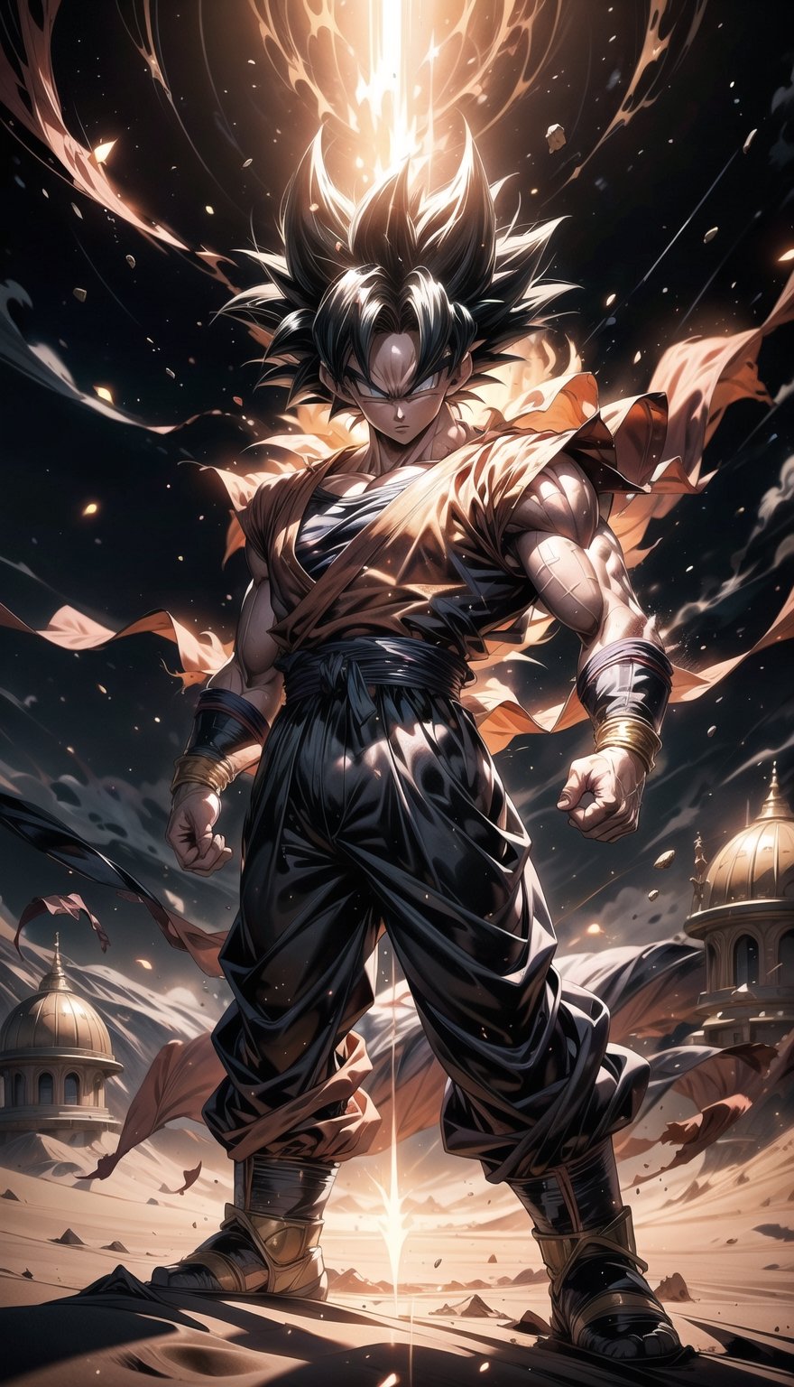 Imagine an anime illustration that seamlessly blends the iconic Super Saiyan Son Goku from Dragon Ball into the awe-inspiring world of Dune's desert planet. In this vibrant fusion, envision Goku standing amidst the vast, golden dunes, his fiery Super Saiyan aura contrasting with the arid landscape. The winds whip up the sand around him, creating a dynamic scene of power and movement. The familiar Dragon Ball energy beams intertwine with the mystical allure of the desert, as Goku's determined gaze reflects both Saiyan strength and the mysterious essence of the Dune planet. This crossover illustration captures the essence of two beloved worlds colliding in an epic visual narrative.,1man, solo, dune, desert, ,SAIYA