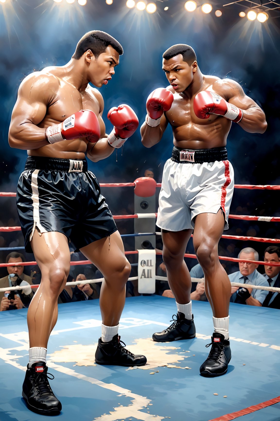 (boxing theme:1.5), (fight of the century:1.5), (big match:1.5), (all or nothing:1.5), (Muhammad Ali vs Mike Tyson:1.5), (super heavyweight title match: 1.5), (boxing ring:1.5), (2male boxing fighter:1.5), 2musclar boxing fighter, hyper mascular body, dynamic, sweat, glossy skin, dynamic fighting pose, cowboy shot, photorealistic, ultrarealistic, oil painting, dropped painting, ultradetailed, hyper sharp, best qulity , masterpiece,BJ_Oil_painting,Flat vector art,oil paint ,dripping paint