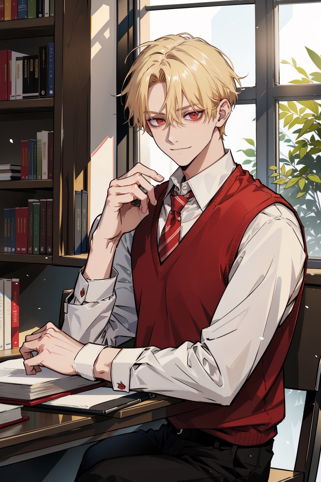 (masterpiece, best quality, highres:1.3), ( young handsome man, blonde hair, short hair, red eyes, glowing eyes, levi ackerman hairstyle,)   male focus, red necktie, sweater vest,  red vest, white shirt, school uniform, black pants, looking_at_viewer, sitting, behind table, table,  upperbody,  day, window, studying, library, books, bookshelves, smirk, viewed_from_side, close up