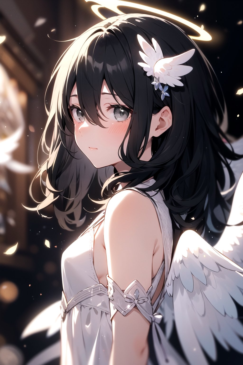 (Gray eyes, black hair, medium hair, wavy hair, small breasts, 1girl), looking at viewer, blush, hair ornament, hair between eyes, dress, closed mouth, upper body, wings, white dress, blurry, from side, looking to the side, depth of field, blurry background, halo, light particles, angel