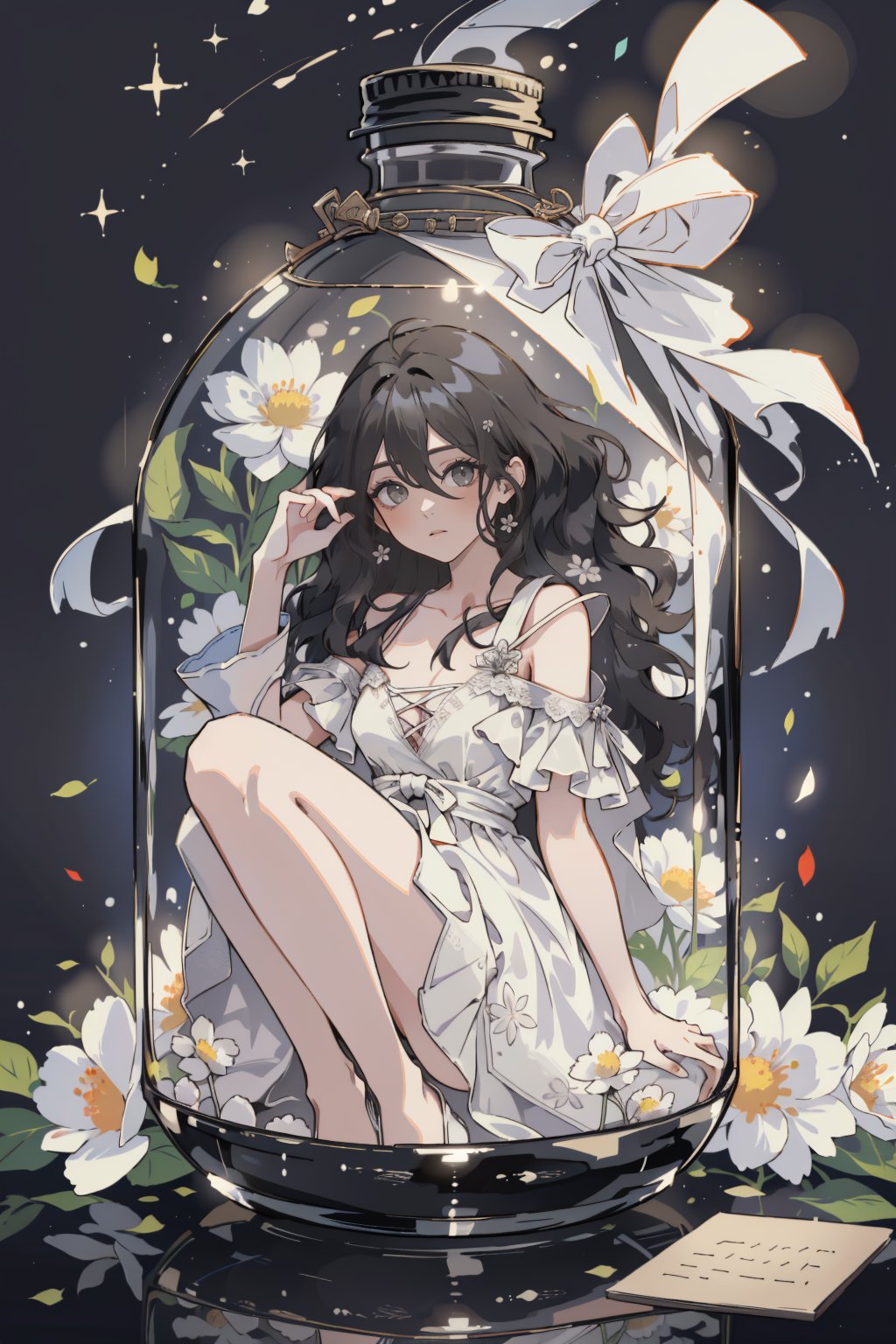 (masterpiece, best quality, highres:1.3), (Grey eyes, black hair, medium hair, wavy hair, hair between eyes, 1girl, small breasts) 
black background, fullbody, sitting, white dress, inside bottle, glass, flowers, trapped,JAR