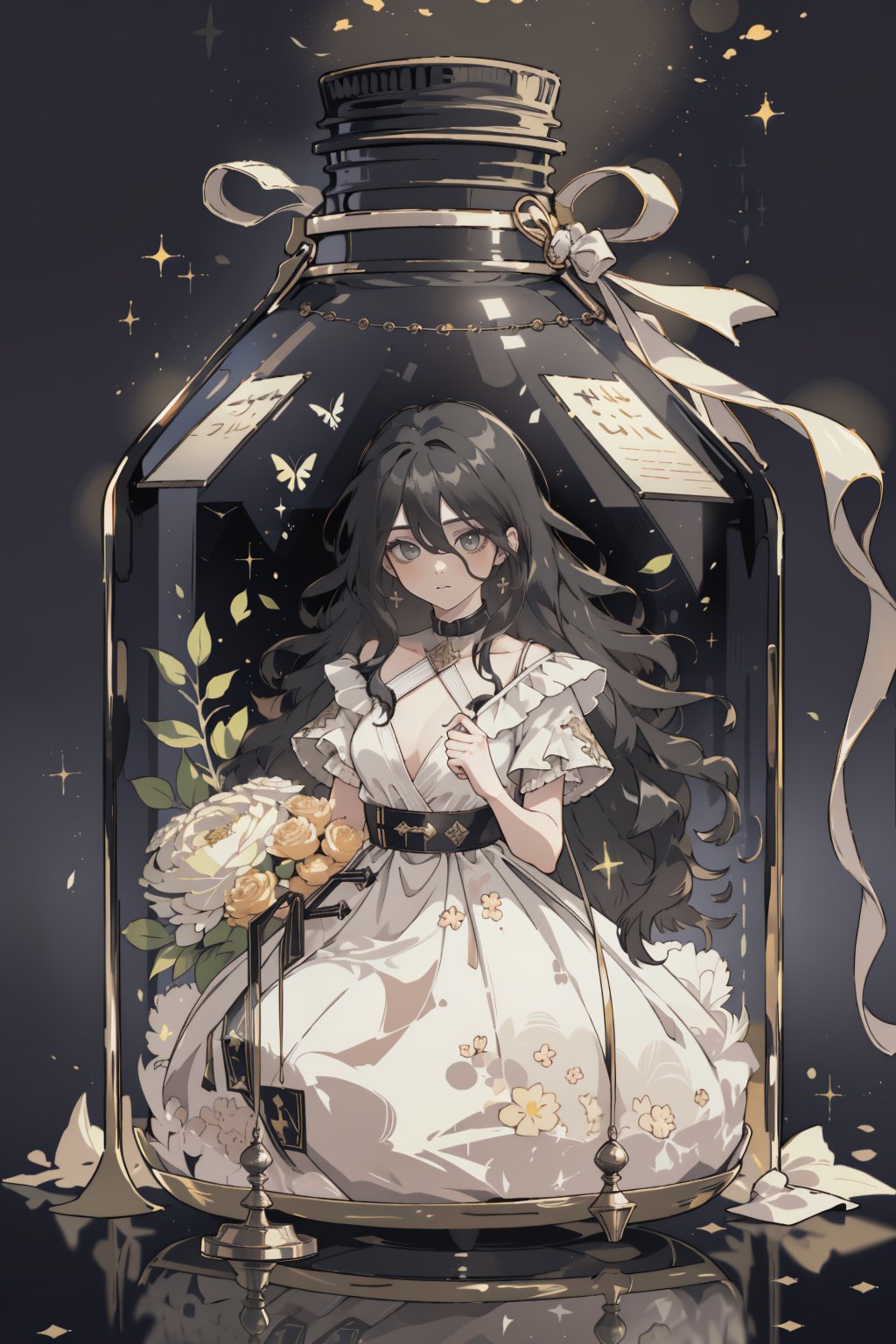 (masterpiece, best quality, highres:1.3), (Grey eyes, black hair, medium hair, wavy hair, hair between eyes, 1girl, small breasts) 
black background, fullbody, kneeling, white dress, long dress, inside bottle, glass, flowers, trapped,JAR