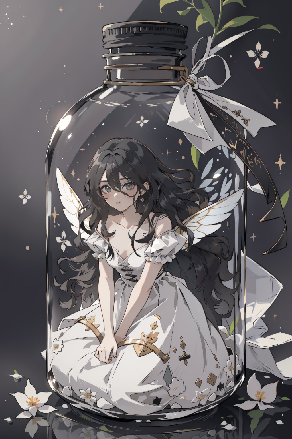 (masterpiece, best quality, highres:1.3), (Grey eyes, black hair, medium hair, wavy hair, hair between eyes, 1girl, small breasts) 
black background, fullbody, kneeling, white dress, long dress, inside bottle, glass, flowers, trapped,JAR, fairy, wings,