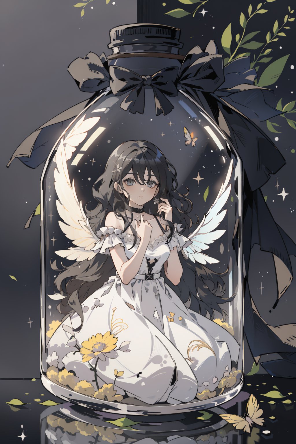 (masterpiece, best quality, highres:1.3), (Grey eyes, black hair, medium hair, wavy hair, hair between eyes, 1girl, small breasts) 
black background, fullbody, kneeling, white dress, long dress, inside bottle, glass, flowers, trapped,JAR, fairy, wings, 