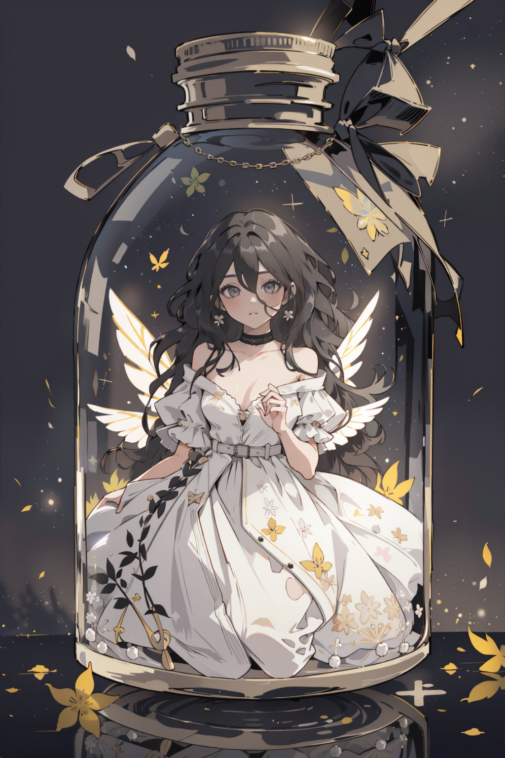 (masterpiece, best quality, highres:1.3), (Grey eyes, black hair, medium hair, wavy hair, hair between eyes, 1girl, small breasts) 
black background, fullbody, kneeling, white dress, long dress, inside bottle, glass, flowers, trapped,JAR, fairy, wings,