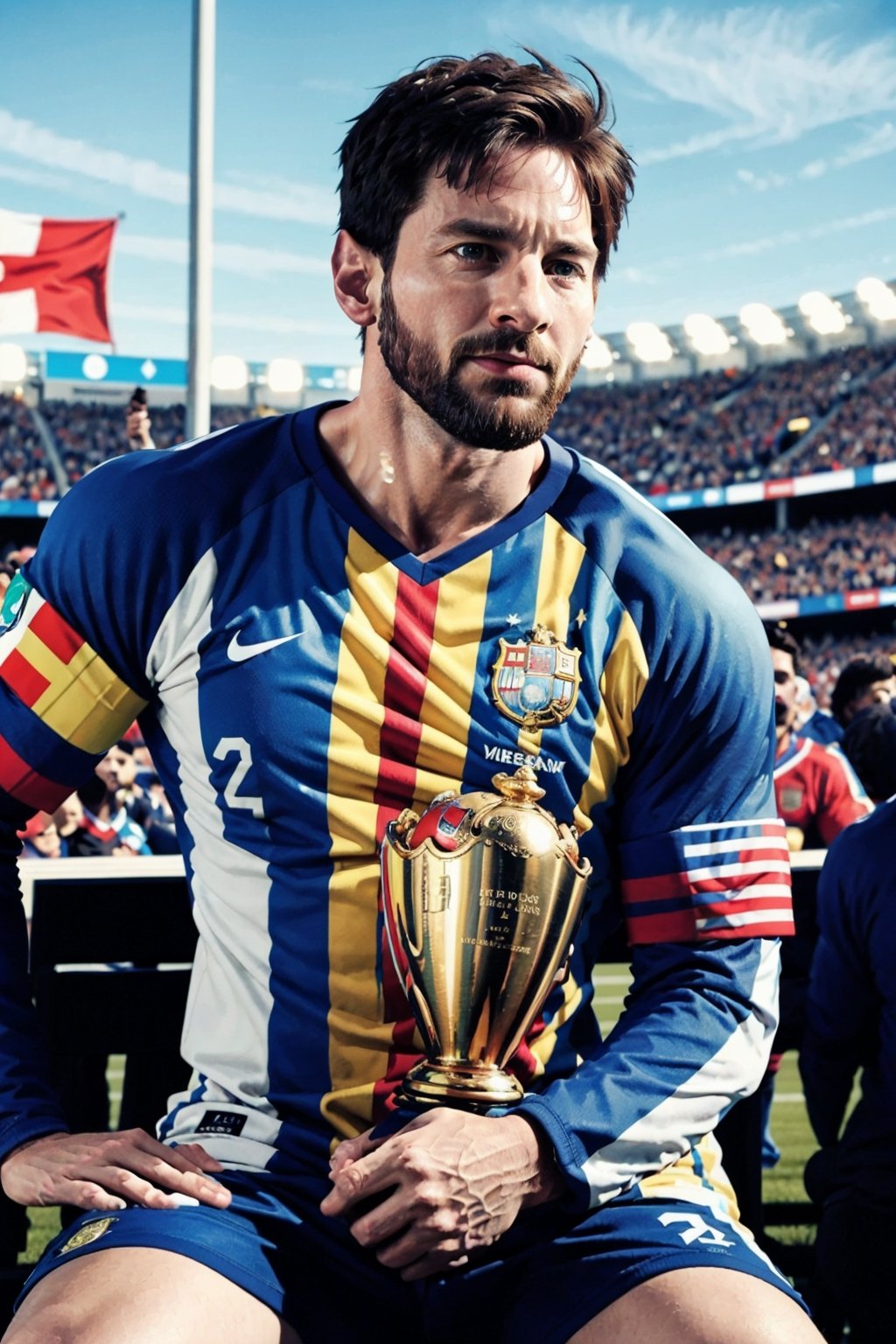 a man holding a soccer trophy in front of a crowd, lionel messi, messi, argentina, lionel messi as a muppet, lionel messi portrait, messi as cyborg, messi as a viking, mitre, argentina flag behind, at the world cup, half goat, procreate 2 0 2 2, flags of argentina behind, flag in his right hand,IncursioGigaSitting