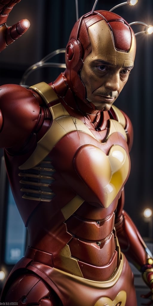 a close up of a statue of iron man, hot toys, battle damaged iron man suit, hottoys, iron man, superb detail 8 k masterpiece, like ironman, high resolution details, accurate detail, cyberpunk iron man, super highly detailed, superior iron man, very very high detailed, closeup detailed, hyper detailed masterpiece, ironman,chapulincolorado, On his chest ((a close up of a heart with the word CH on it))