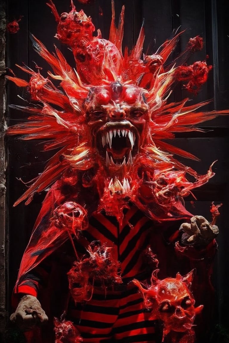 a monster with a flying red fire skull doodles , got many fire skull doodles surrounding him, the red skull was glowing and shining effects, black and dark background, black temple as background 

Doodles,grungeartxhan83,hologram,aura,black and red stripes,open mouth,shirt,sharp teeth