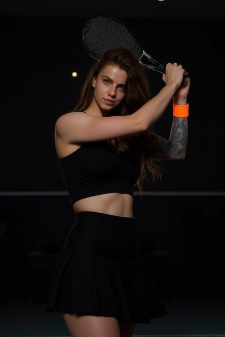 A fit female athlete in a dark setting, poised to hit a padel racket. She has long, wavy hair and is wearing a black sleeveless top and a flared black skirt. An orange wristband adorns her right wrist. The dramatic lighting highlights her athletic physique and focus, creating a dynamic atmosphere,crybaby,tattoos,big_boobies 