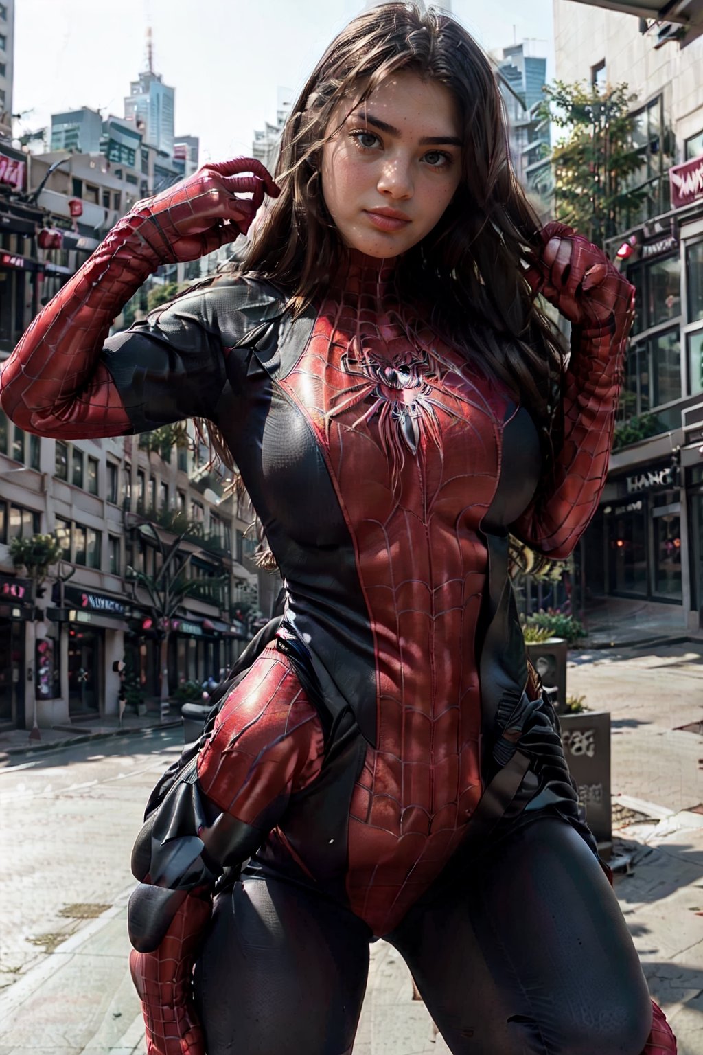 a woman, wearing a spiderman costume,wearing spiderwoman_cosplay_outfit