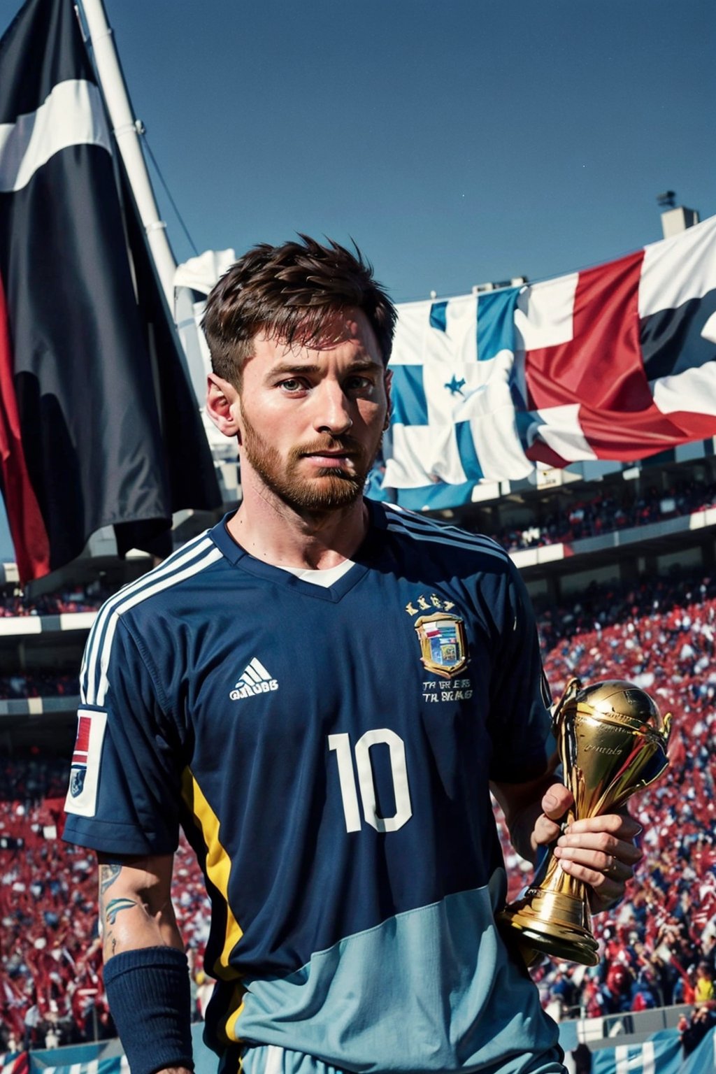 a man holding a soccer trophy in front of a crowd, lionel messi, messi, argentina, lionel messi as a muppet, lionel messi portrait, messi as cyborg, messi as a viking, mitre, argentina flag behind, at the world cup, half goat, procreate 2 0 2 2, flags of argentina behind, flag in his right hand,IncursioGigaSitting,TailsTheFox