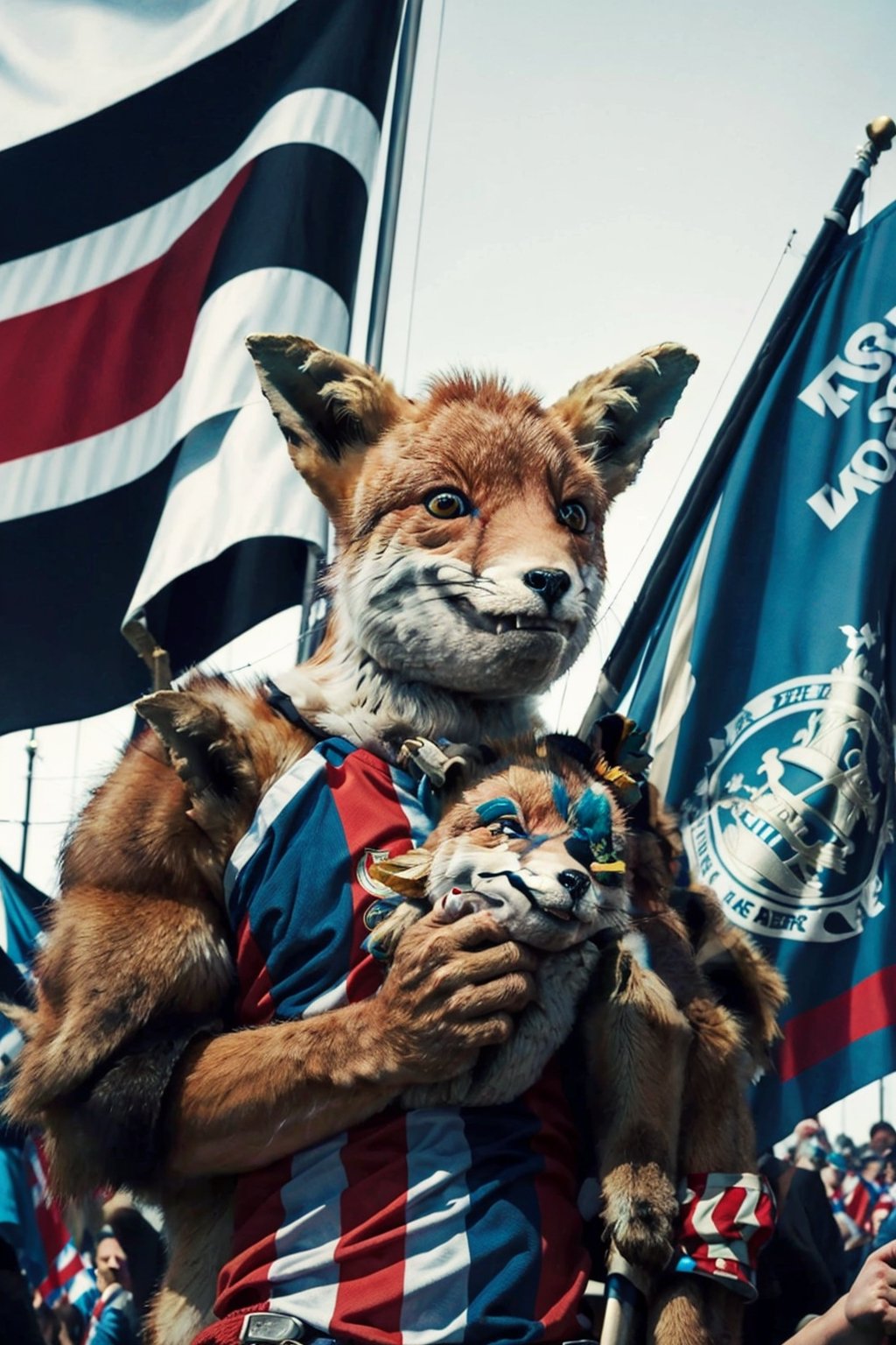 a man holding a soccer trophy in front of a crowd, lionel messi, messi, argentina, lionel messi as a muppet, lionel messi portrait, messi as cyborg, messi as a viking, mitre, argentina flag behind, at the world cup, half goat, procreate 2 0 2 2, flags of argentina behind, flag in his right hand,IncursioGigaSitting,TailsTheFox