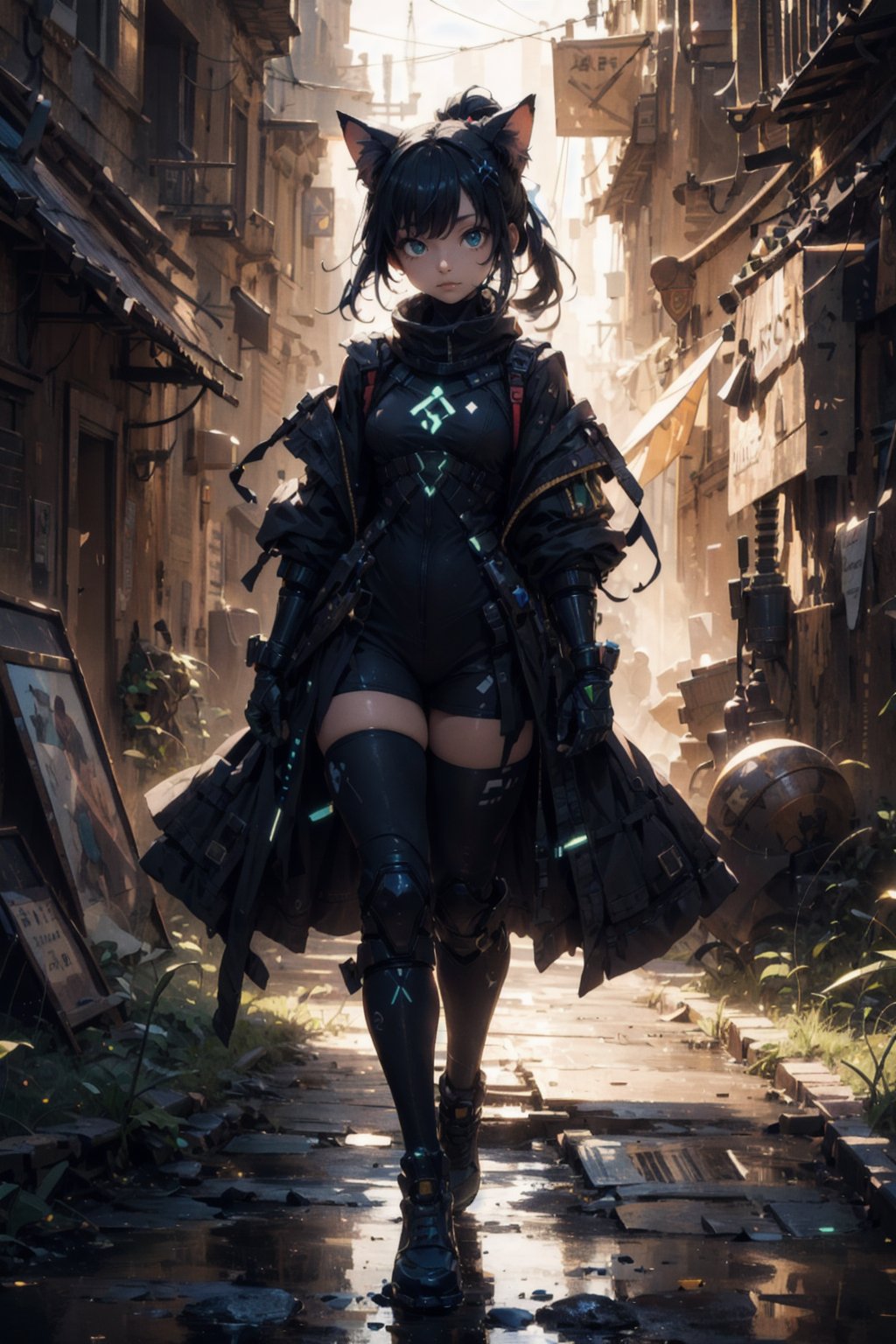 UPSCALED.(masterpiece, best quality, highres:1.3), gorgeous light and shadow, ultra hd, (unity 8k wallpaper),(illustration:0.8),((perfect hands, perfect anatomy)),HQ,HDR,UHD, dynamic,detailed background,finely detailed_body,full_body,1girl,ponytail bun,bangs,long_hair, (black hair color:1.2), (bright eyes:1.1),green eyes,hardcandy,Cat_ears,