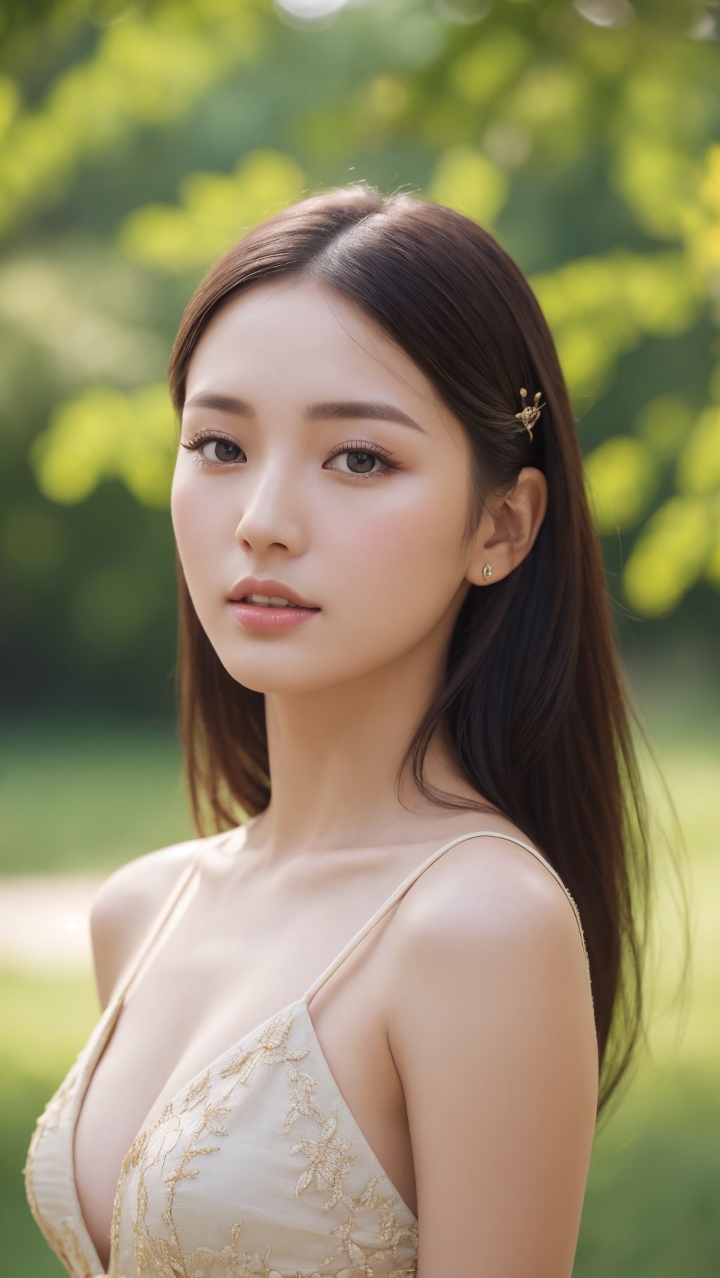 A full body shot portrait of a beautiful young burmese woman, dress in an alluring summerdress, in an outdoor set, photograph on a Sony A9, 50mm wide angle lens with a (((shallow depth of field))), sharp focus, (lens flare:0.7), (bloom:0.7), particle effects, raytracing, cinematic lighting, (8k, RAW photo, best quality, masterpiece), detailed_skin, sharp_eyes, beautiful, looking_at_camera, beautiful detailed eyes, beautiful detailed lips, from_below, high detailed skin, detailed background, 8k uhd, dslr, ,photorealistic, perfect hand, perfect fingers, buyonesque background