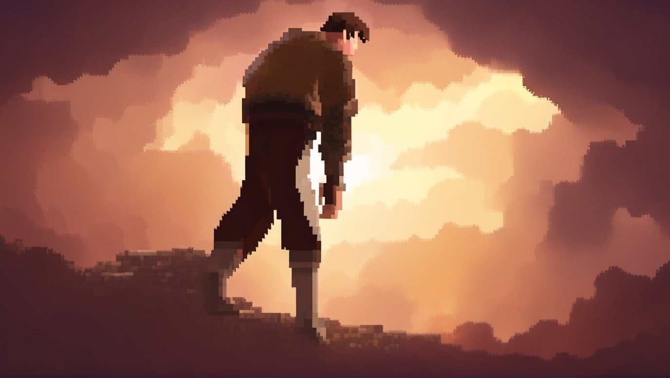 pixel,pixelartstyle, hombre con que esta caminando hacia el cielo