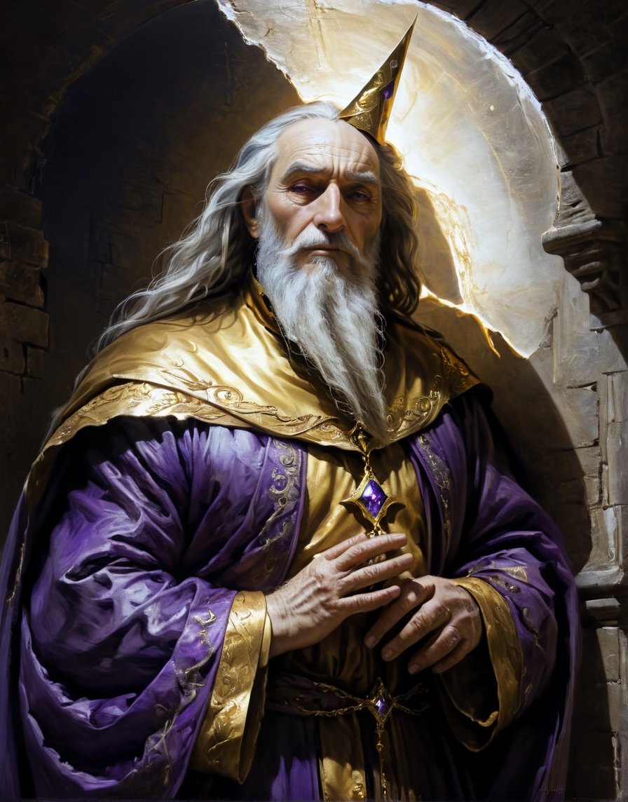 A close up painting of a megestic old wizard wearing a beautiful golden cape inside a castle ,  vibrent,  ((hands down)) b...