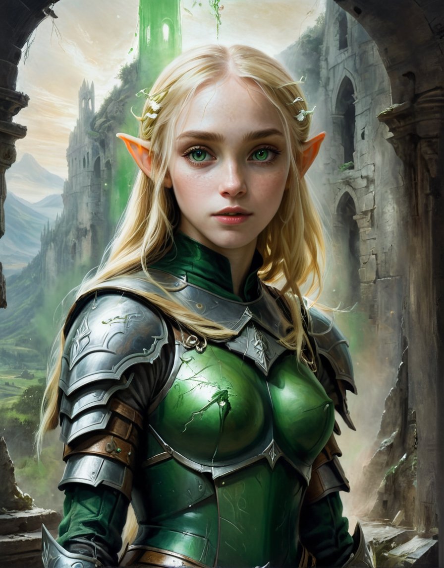 A close up painting of a megestic young elf women wearing beautiful green battle armour inside a ruined castle,  (blonde h...
