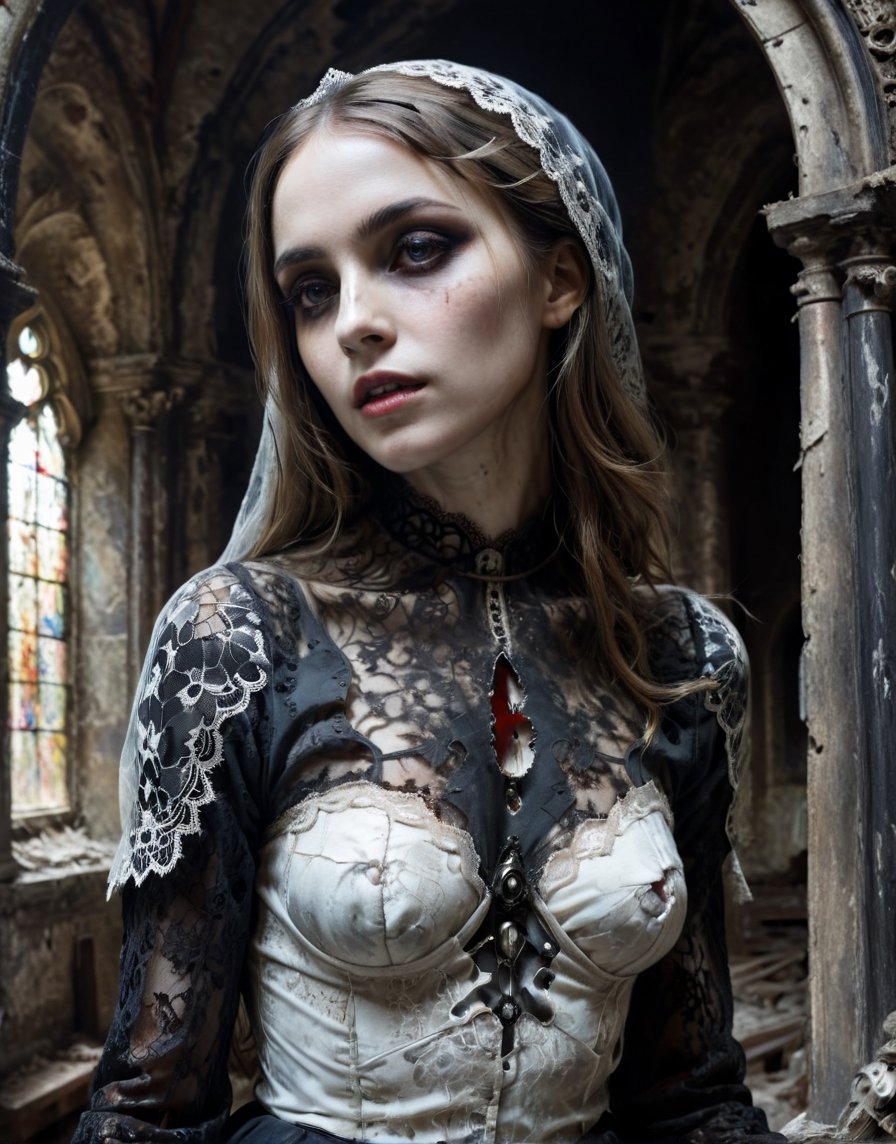 A close up painting of a beautiful ghost woman in a decrepit church,  close up potrait,  crrepy women by user_user  on Ten...