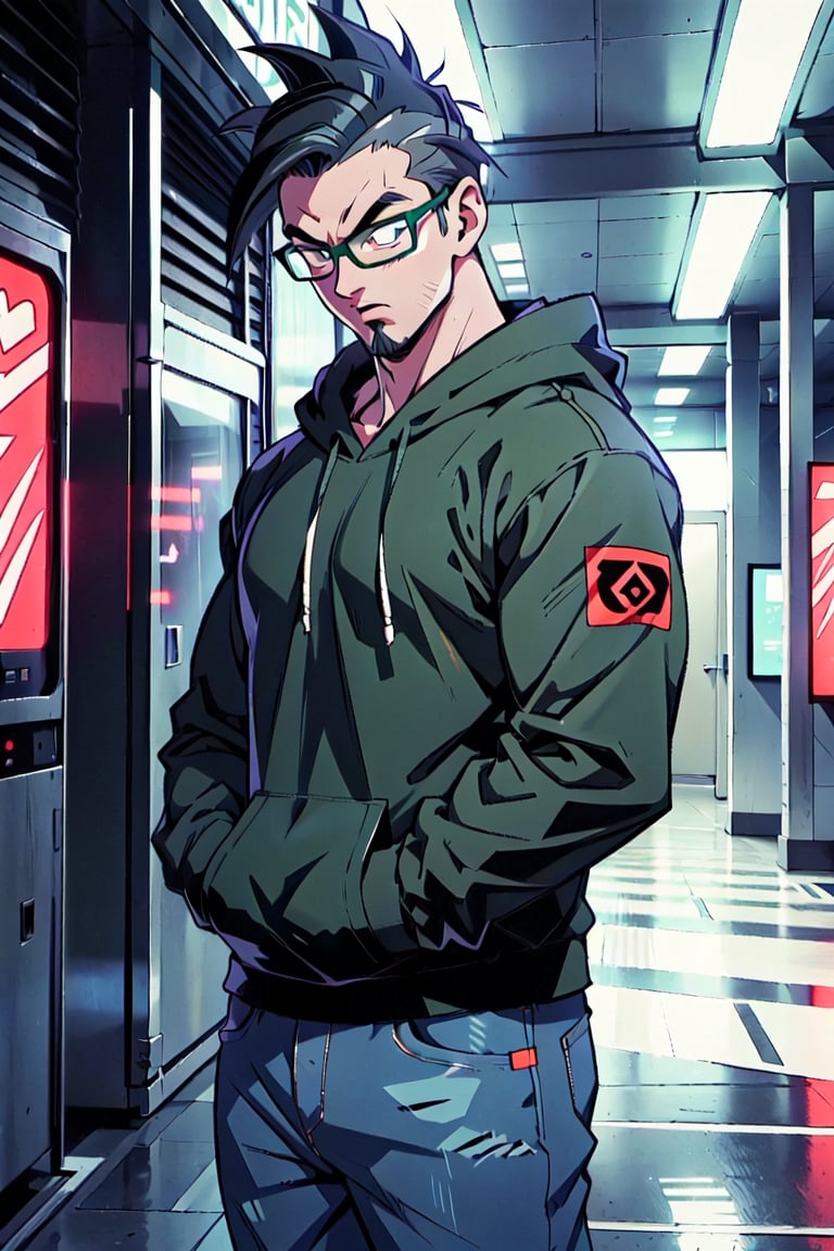 dbsuper style,extreme detail, cinematic light, beautiful image,  black shirt, snikers, 1boy, complete beard, glasses, tall, jeans, dark grey hair, big headphones, military green long sleeve hoodie, slighty_chubby
,ultrainstinct