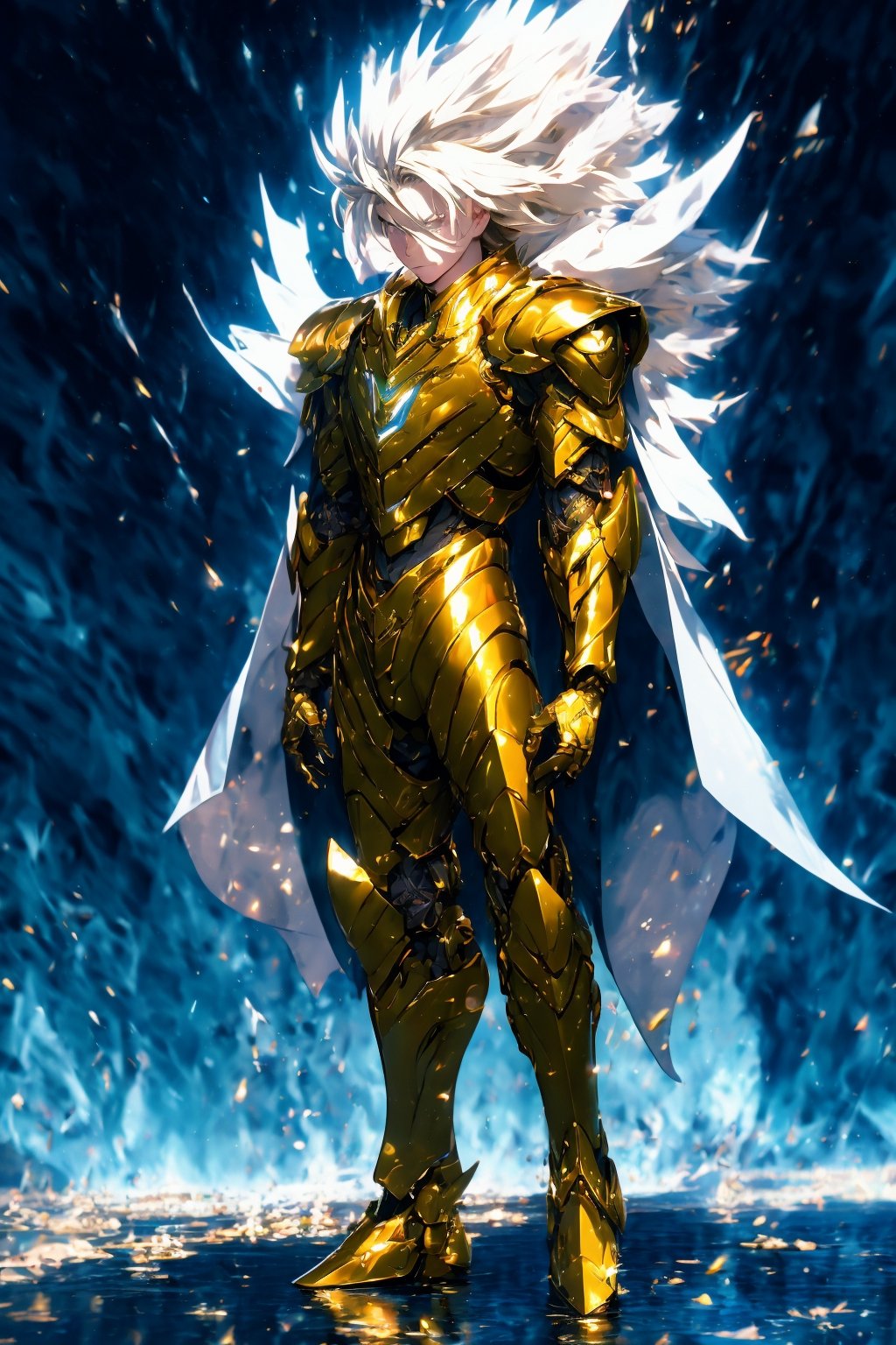 absurdres, highres, ultra detailed,Insane detail in face, ((boy:1.3)), Gold Saint, Saint Seiya Style, Gold Armor, Full body armor, no helmet, Zodiac Knights, Grey hair, fighting pose,Pokemon Gotcha Style, gold gloves, long hair, white long cape, messy_hair, Gold eyes, black pants under armor, full body armor, beautiful old greek temple in the background, beautiful fields, insane detail full leg armor, god aura, sagittarius armor, Elysium fields, ready for battle,FUJI,midjourney, insane detail in armor, ,Film(/FUJI/),