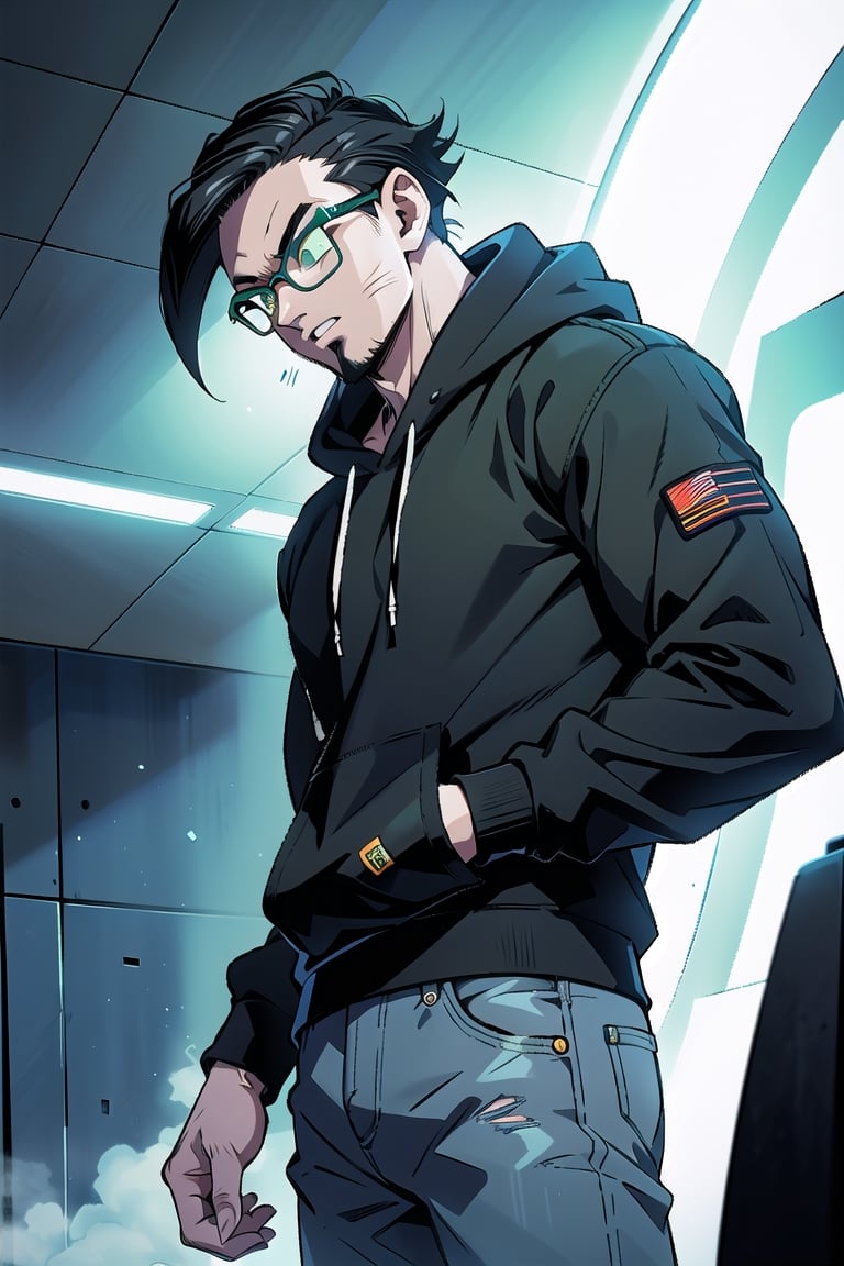 dbsuper style,extreme detail, cinematic light, beautiful image,  black shirt, snikers, 1boy, complete beard, glasses, tall, jeans, dark grey hair, big headphones, military green long sleeve hoodie, slighty_chubby
,ultrainstinct