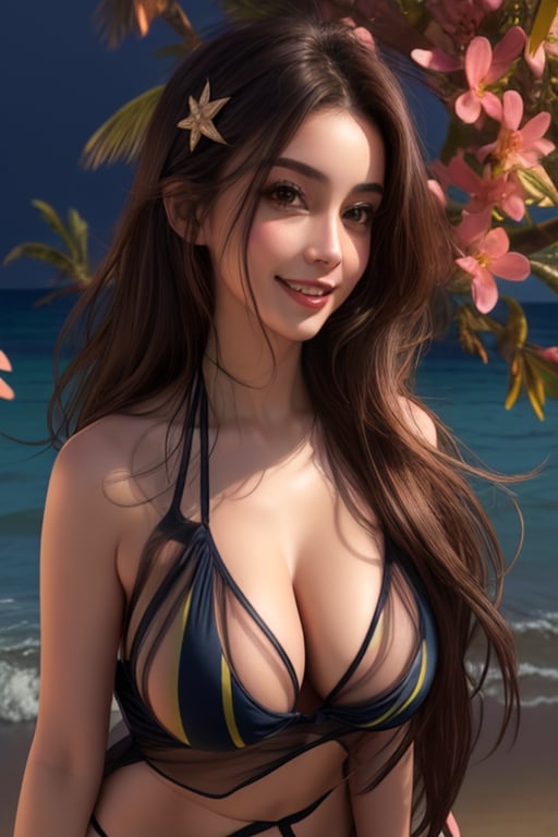 Full body portrait of risky 
 Stunning Brunette beauty with  44 DD large breast in skimpy see through 
 bikini, standing on beach looking at waves ,revealing_clothes, soft skin, medium mid section, perfect feet,
perfect body, perfect breast, perfect legs, perfect hands, pefect smile