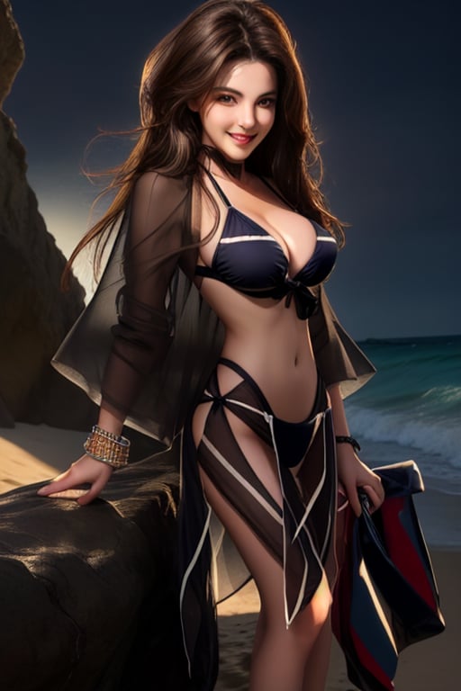 Full body portrait of risky 

 Stunning Brunette beauty with  38 DD large breast in skimpy see through 
 bikini, standing on beach looking at waves ,revealing_clothes, soft skin, medium mid section, perfect feet,
perfect body, perfect breast, perfect legs, perfect hands, pefect smile