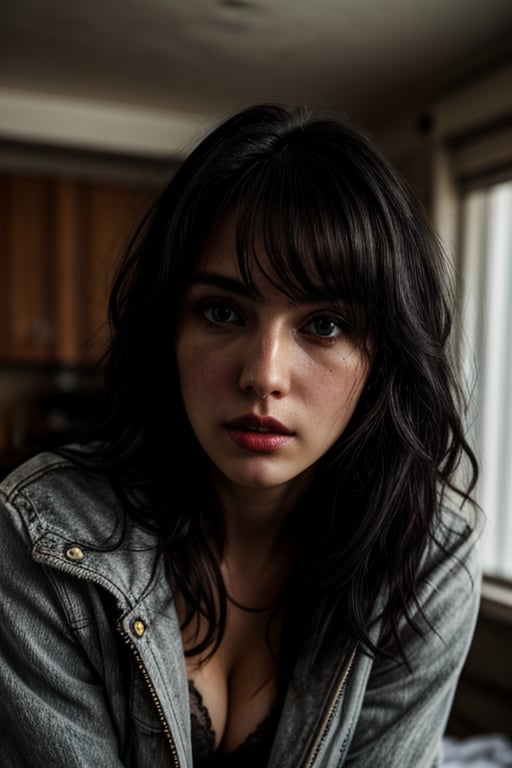 beautiful white woman, young 20s, with decent cleavage, wears jacket, dslr shot capture, unkempt room theme background, long black hair, messy hair, perfect, masterpiece, looking at viewer, face, detailed face , perfect eyes, volumetric lighting