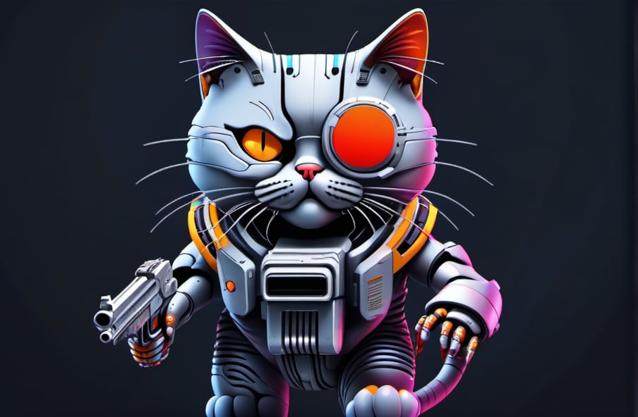 cat cyborg shooting a big gun, cat shooting , super futurista, arte en acuarela, y pintura, estilo vector,Leonardo Style,oni style, illustration, shooting a big gun, 