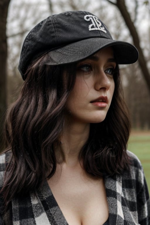 beautiful white woman, young 20s, dull pale skin, pale skin with decent cleavage, wears cap and checkered shirt, dslr shot capture, park theme background, long black hair, messy hair, perfect, artwork teacher, front view, from the waist up, face, detailed face, perfect eyes, volumetric lighting