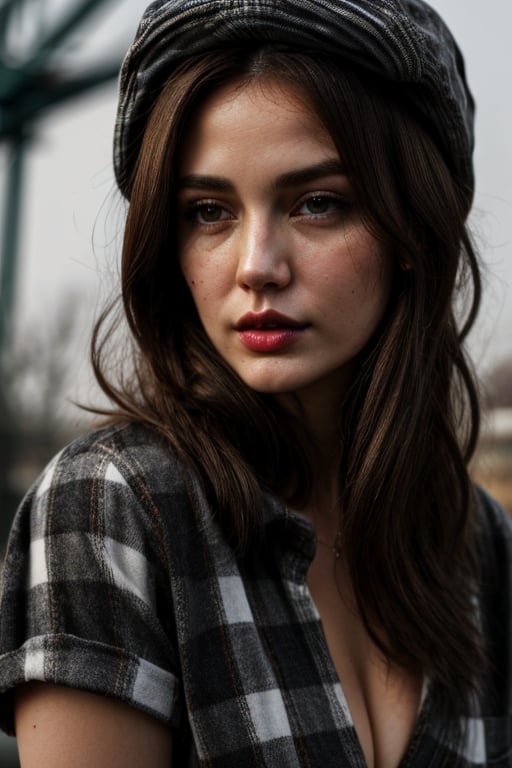 beautiful realistic white woman, young woman in her 20s, pale dull skin, realistic skin, skin with detailed shadows, thin dry lips, with a pimple on her cheek, small moles on her neckline and cheek, pale skin with decent cleavage, wear plaid cap and shirt, casual cap, dslr shot capture, theme park background, long black hair, messy hair, perfect, front view, waist up, visage, detailed face, perfect eyes, volumetric lighting,anamr