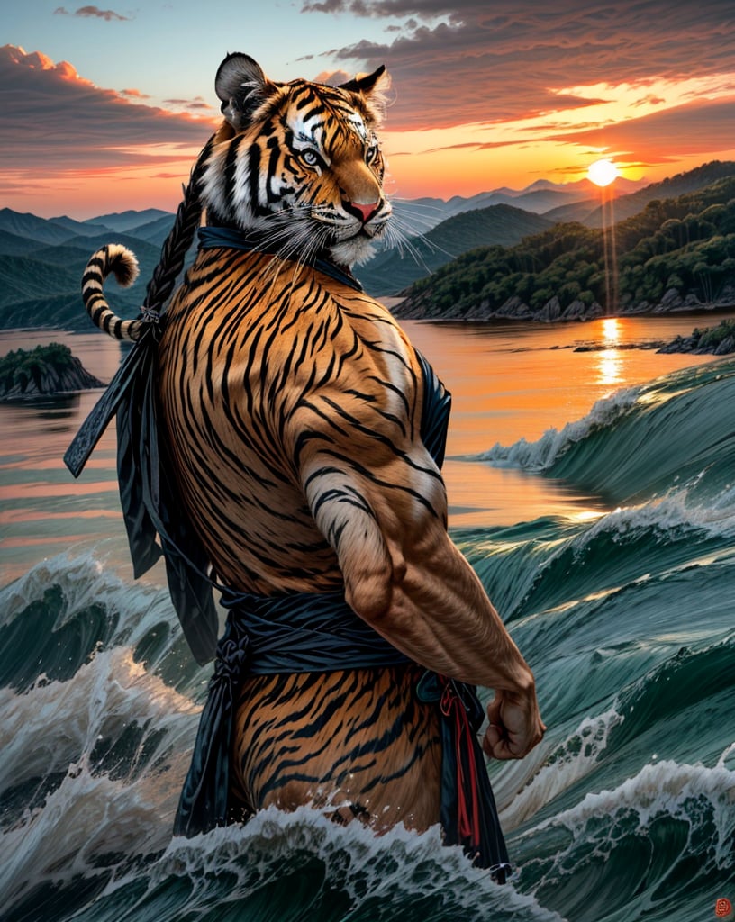 super natural tiger, archipelago and delta with blue sea and sunset, islands on the horizon, awesome clouds, intricate details, 8k, beautiful setting, vibrant colors beautiful elegant tiger in imperial costume, warrior tiger, hibbary, photorealistic, furaffinity